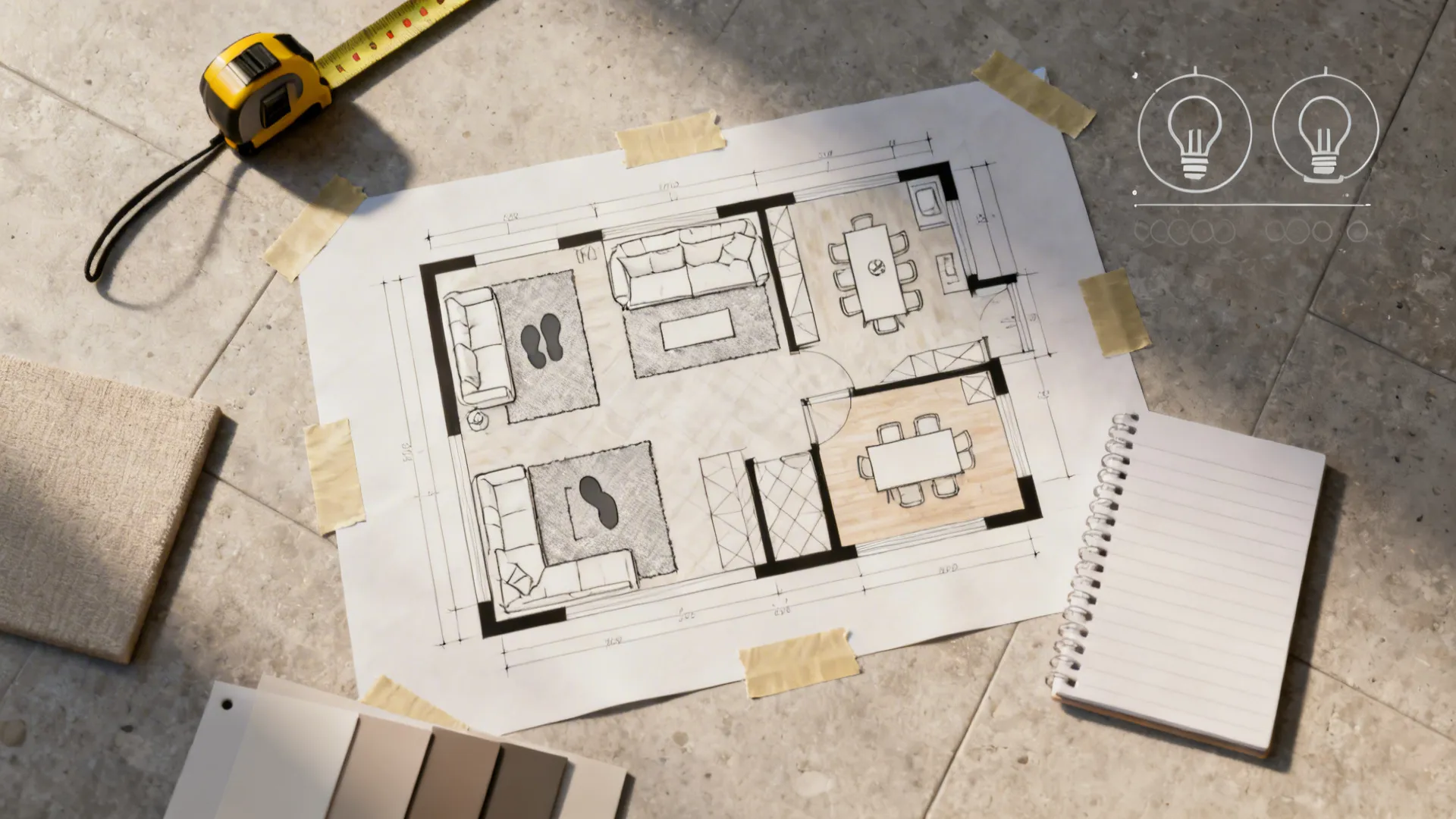 Top-down taped floor mockup showing zoned living and dining areas with measurements and swatches.