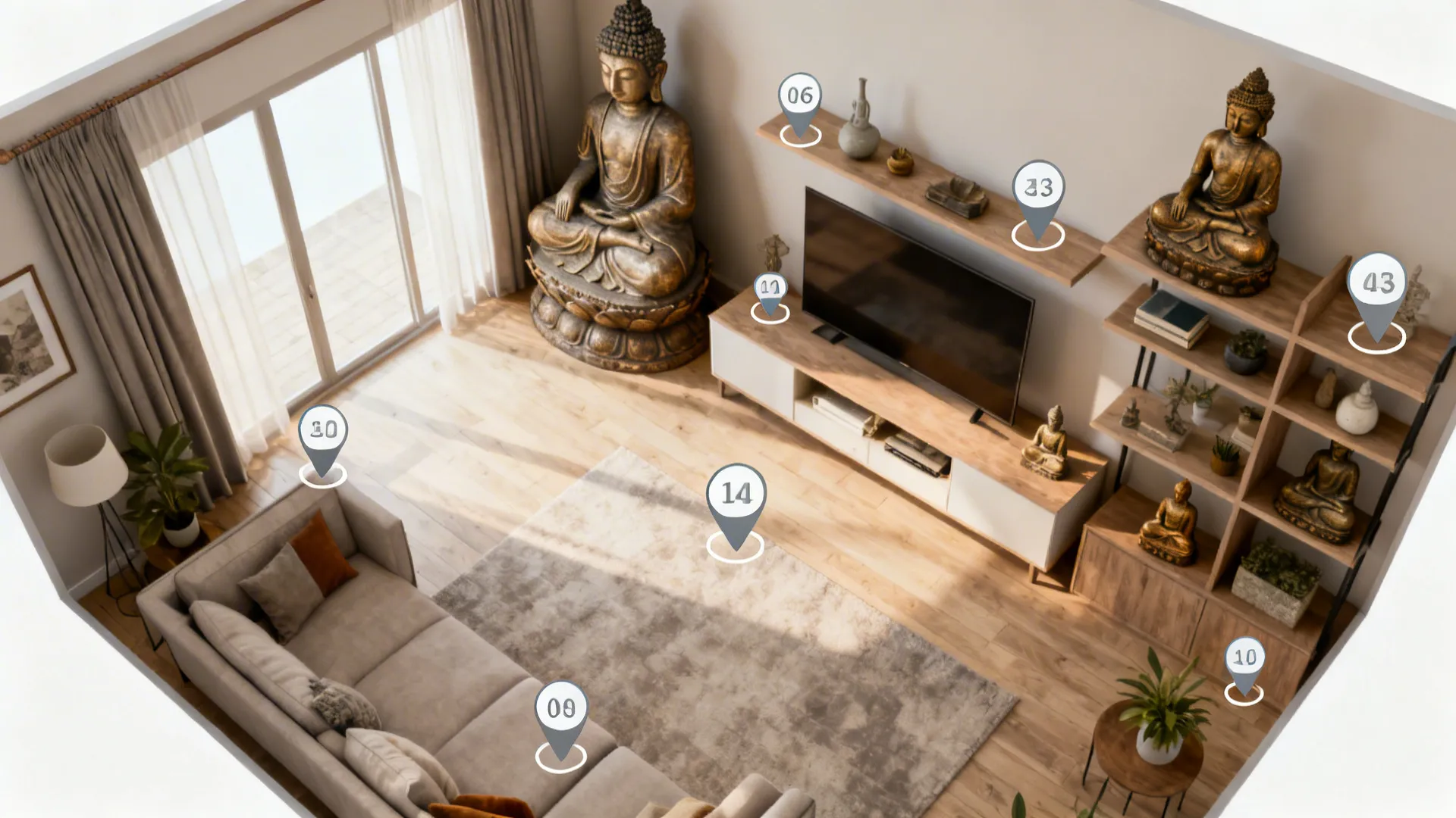 Top-down 3D floor planner mockup showing statue size and shelf height options