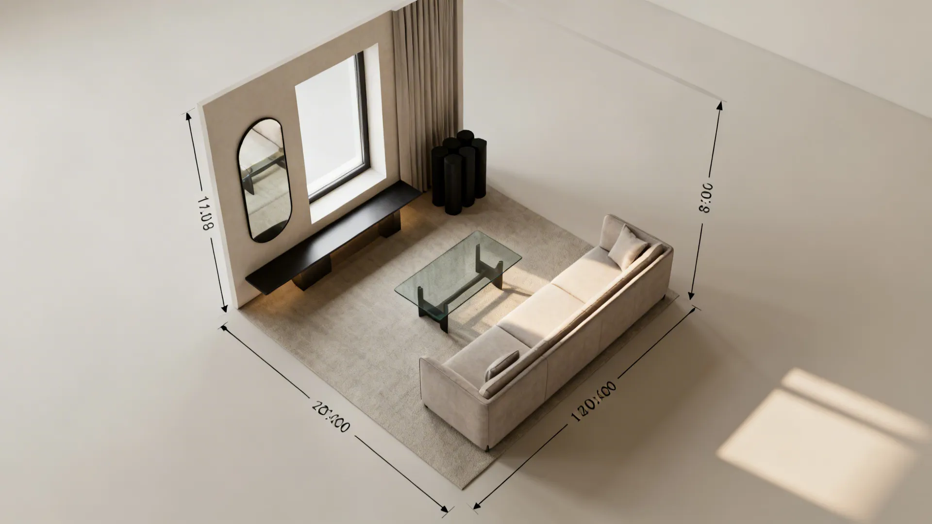 Top-down mockup of small living room layout showing scaled furniture and mirror placement