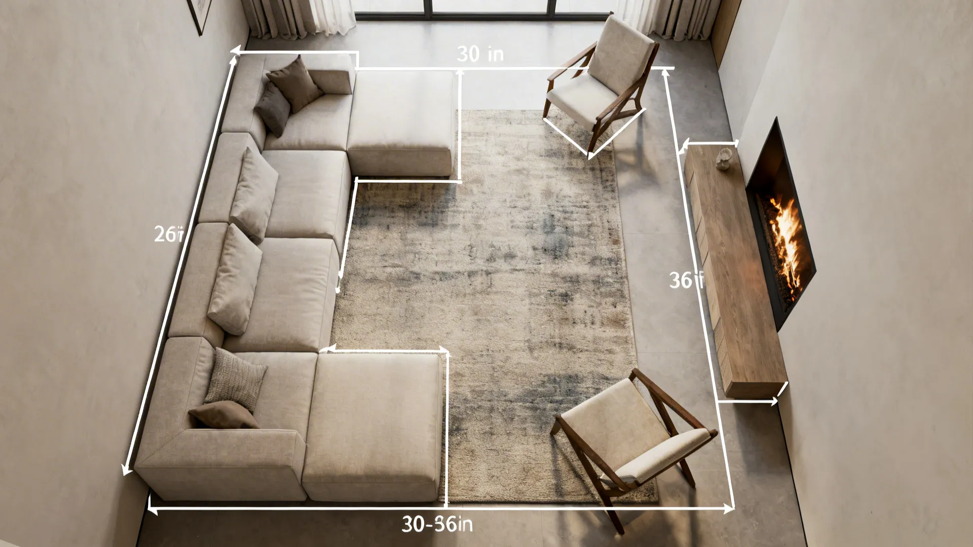 Top-down floor plan mockup showing furniture footprints and circulation around a corner fireplace
