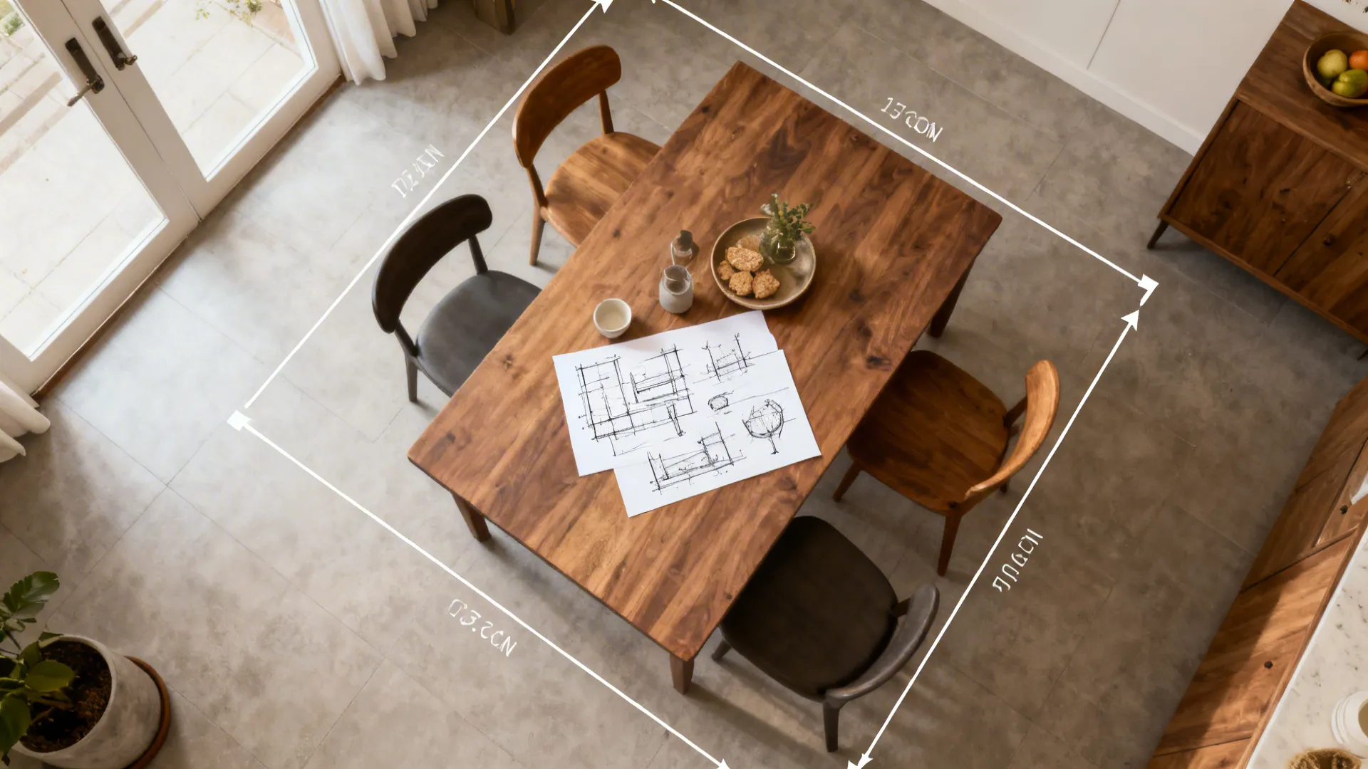 Top-down mockup of a dining area with table clearance and simple layout annotations for planning.