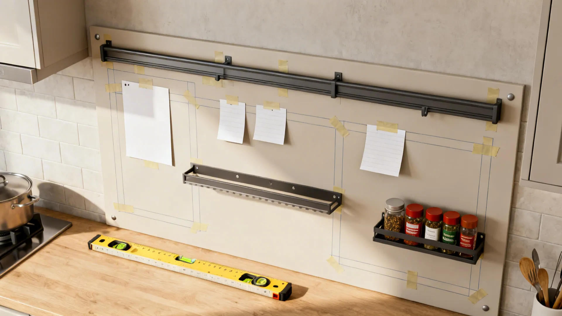 Top-down view of painter’s tape templates planning rail, knife strip, and spice rack positions.