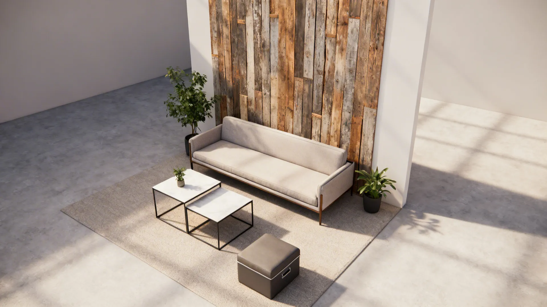Top-down layout mockup for a small rustic farmhouse living room showing furniture and plant placement.