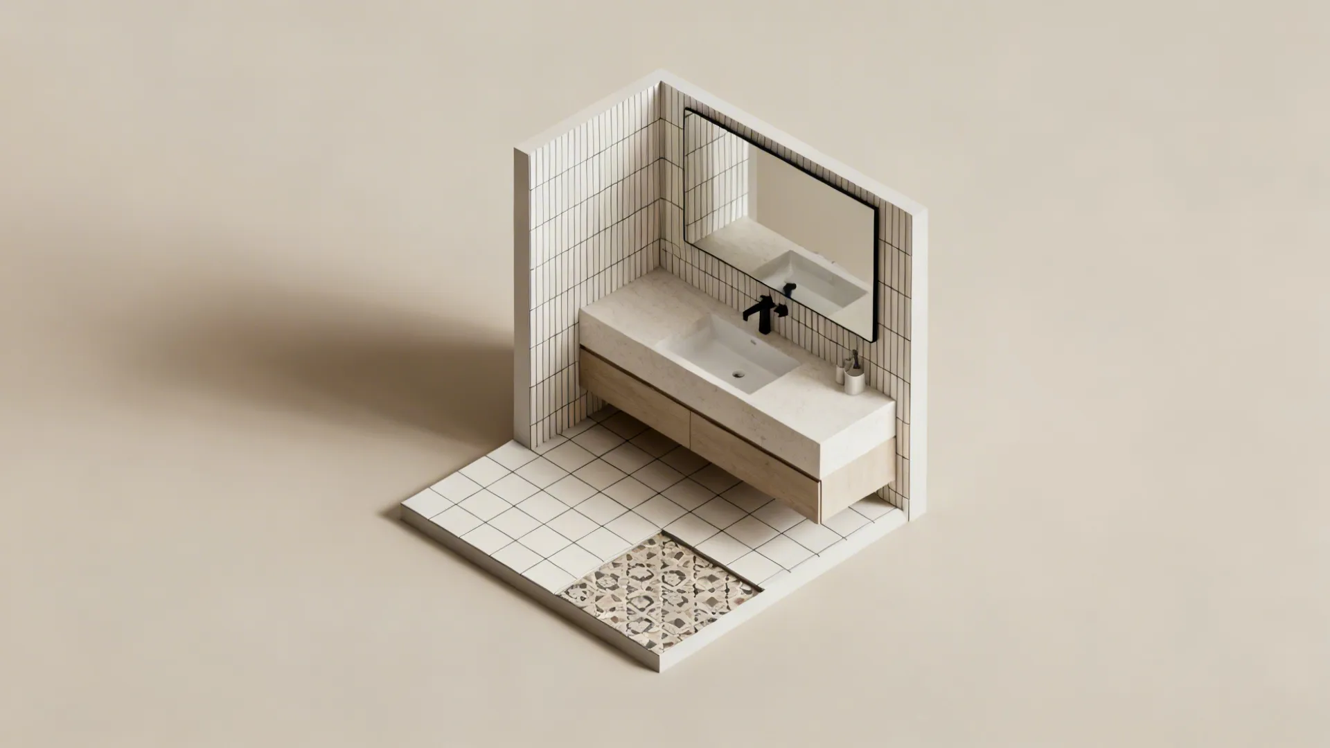 Top-down layout mockup of a tiny bathroom showing tile runs, mirror placement and an inset patterned floor