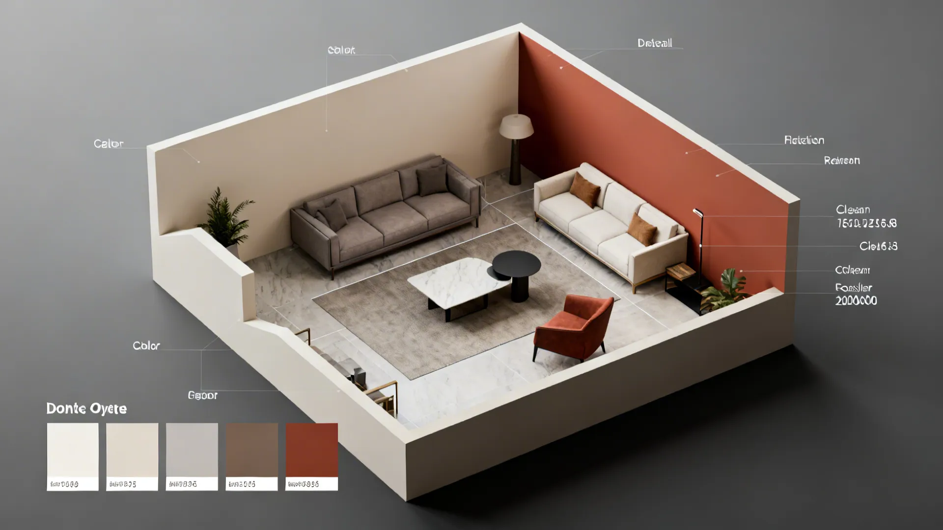 Top-down small living room floor plan mockup with color zoning overlays for paint testing.