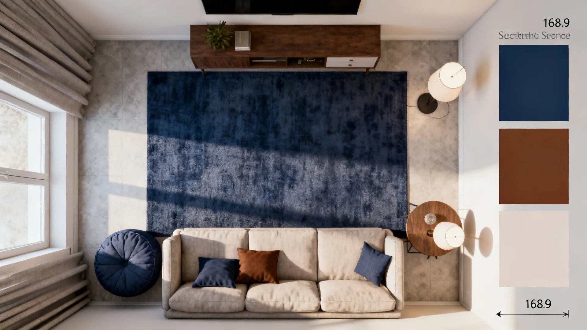 Top view room layout with blue rug beige sofa wooden cabinet floor lamps and colors