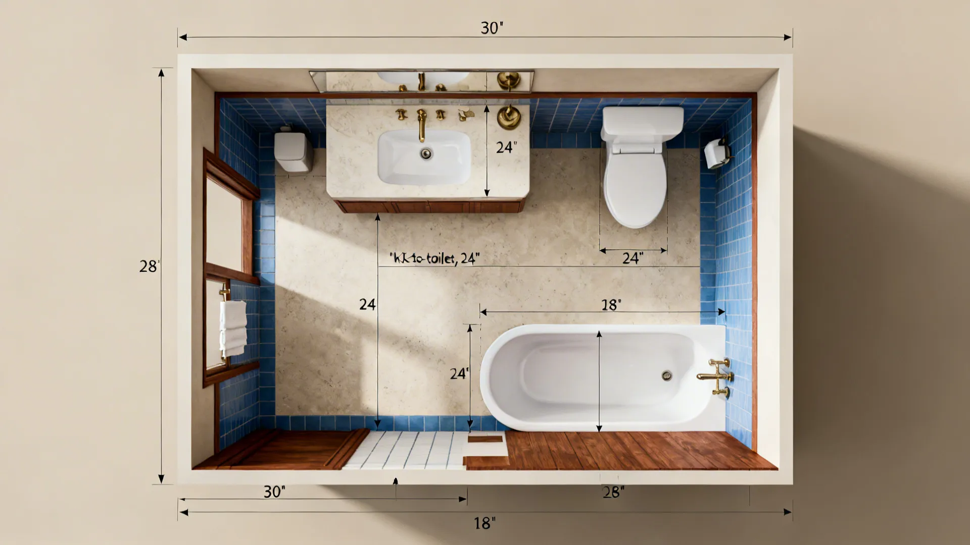 Top-down layout mockup of a small bathroom with fixture placement and circulation annotations.