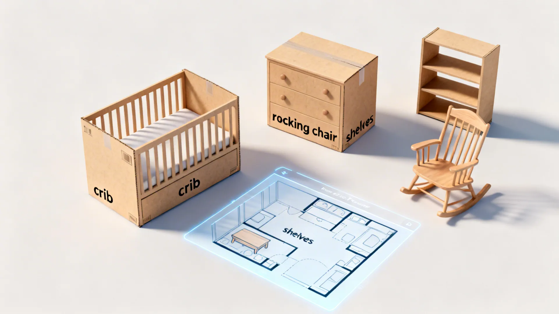 Top-down mockup of nursery layout with cardboard boxes and a digital planner overlay
