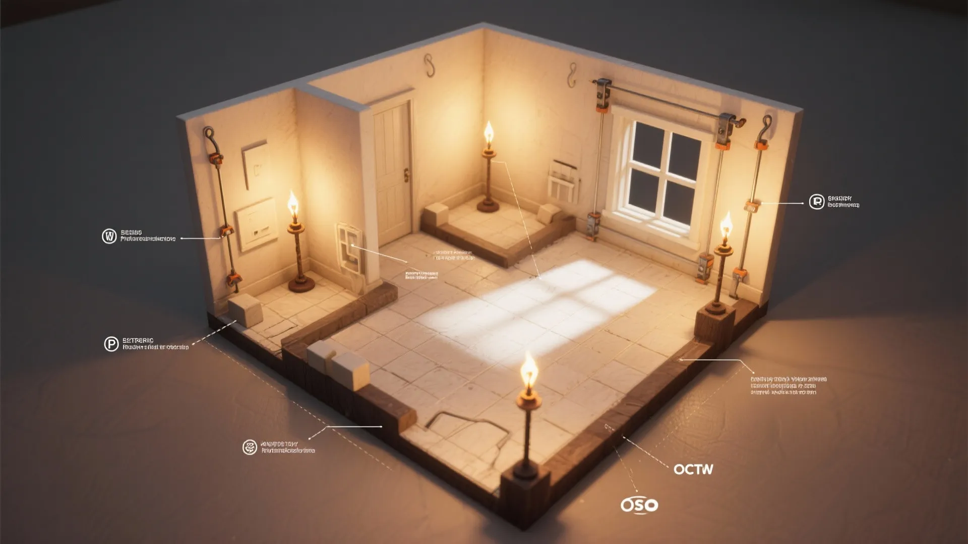 Top-down 3D floor planner mockup showing torch light placements and shadow tests in a small room