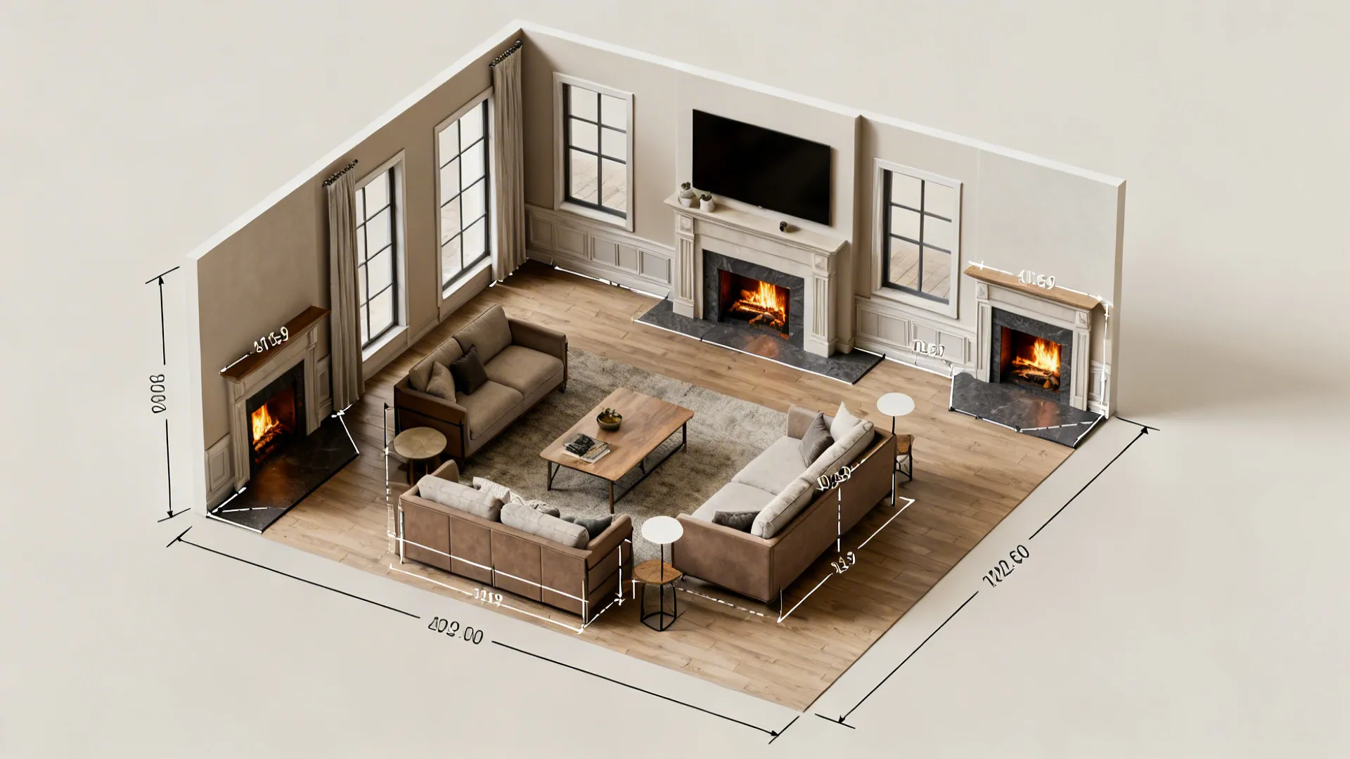 3D interior design drawing of living room with brown sofas fireplace coffee table and dimensions