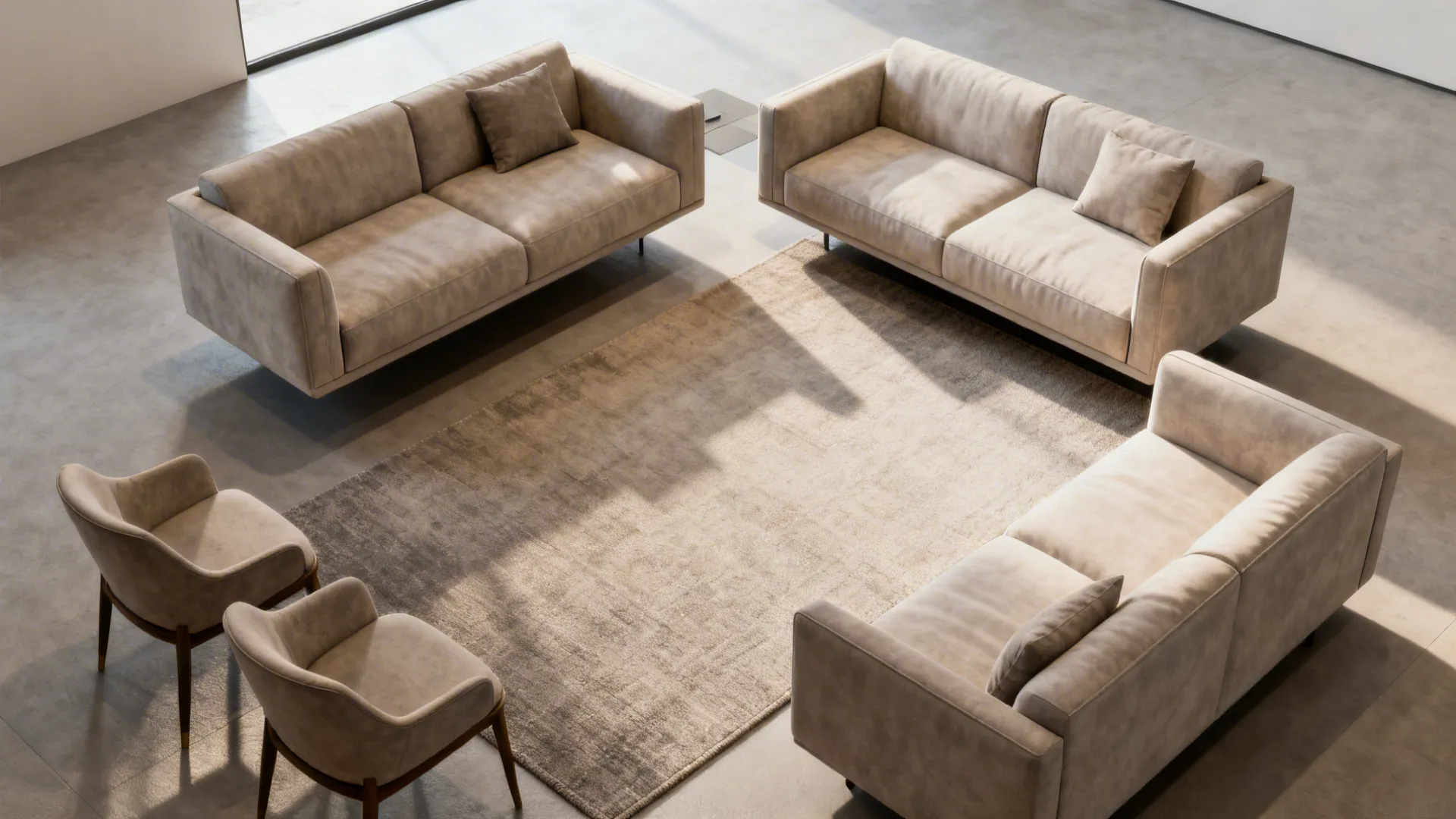 Top-down mockup showing multiple small living room layout options and circulation paths