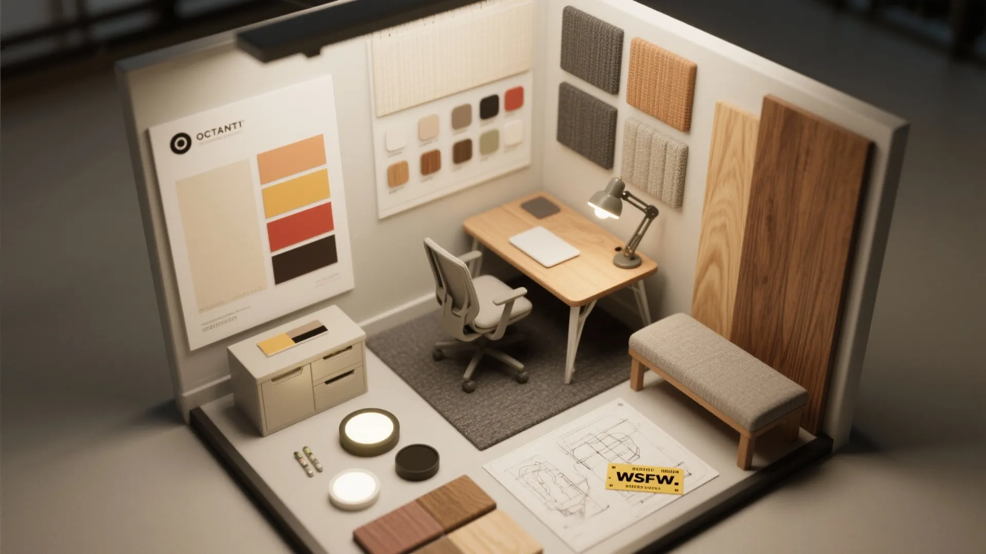 Small office interior design drawing with desk, chair, color swatches, wall samples, and floor plan