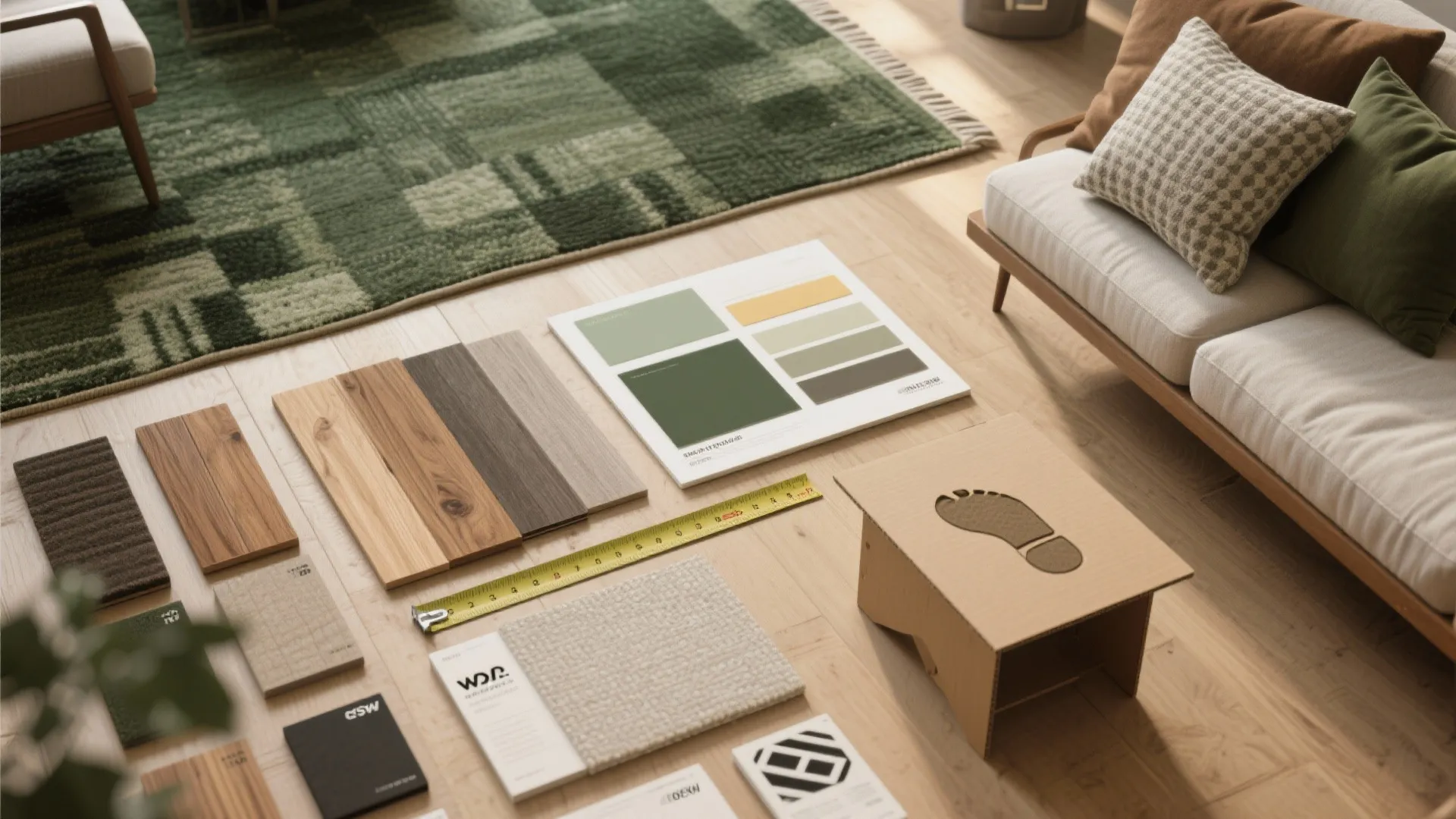 Interior design materials including wood floor samples color swatches and a ruler on the floor