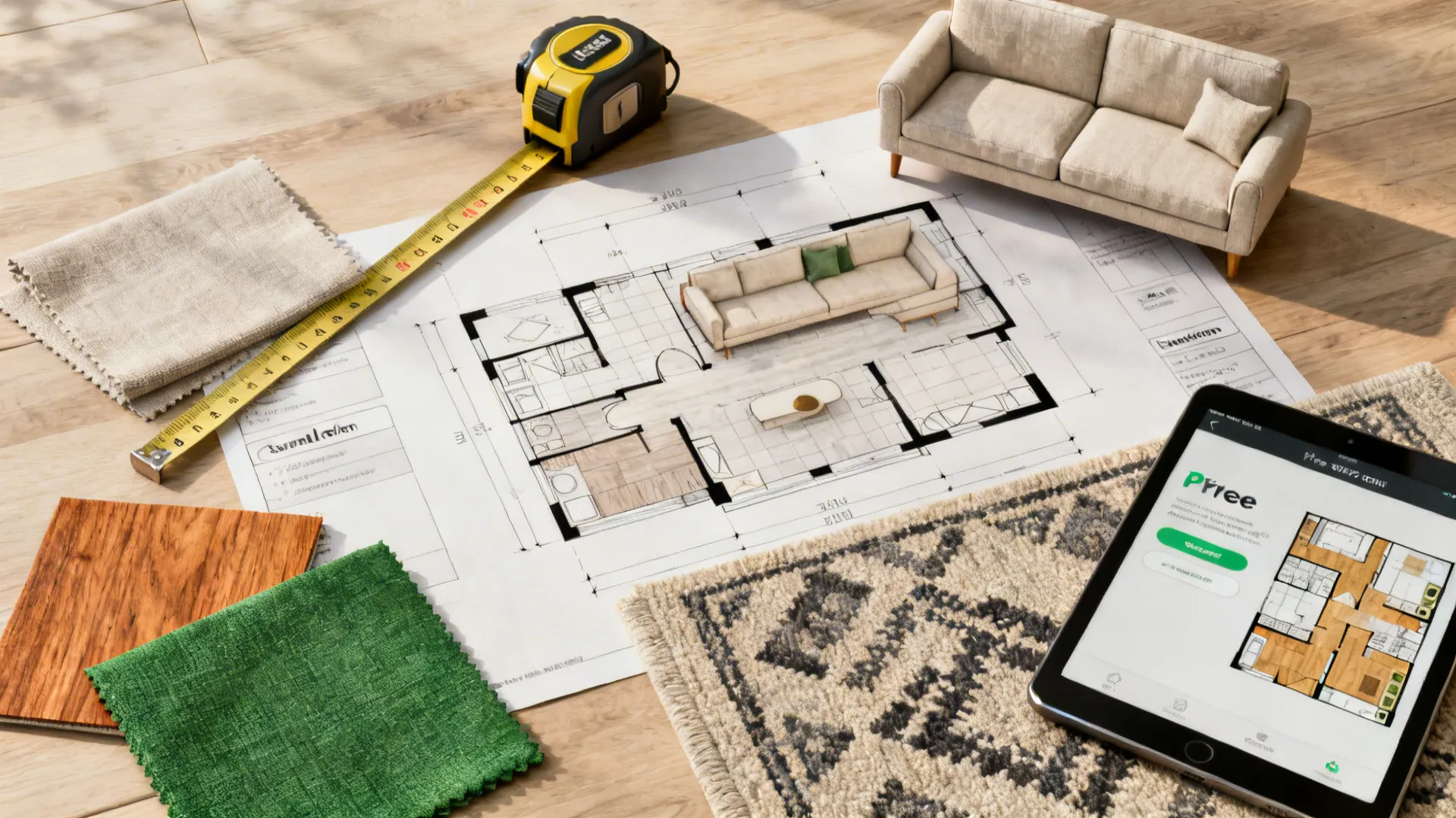 Top-down flatlay of fabric swatches, tape measure, floor plan and sofa models for space planning.