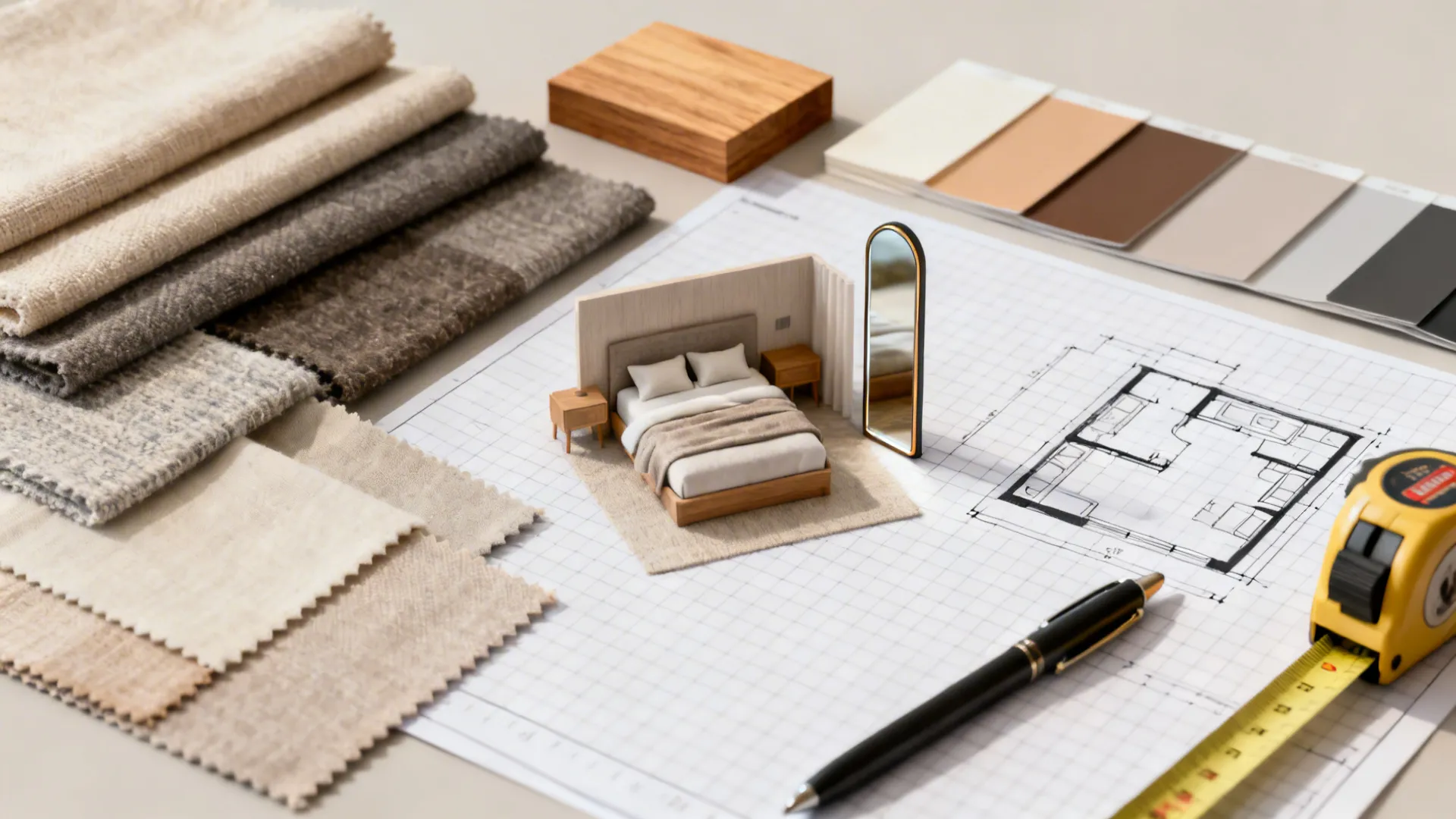 Flatlay moodboard of fabric swatches, wood samples, and a small layout plan for compact bedrooms