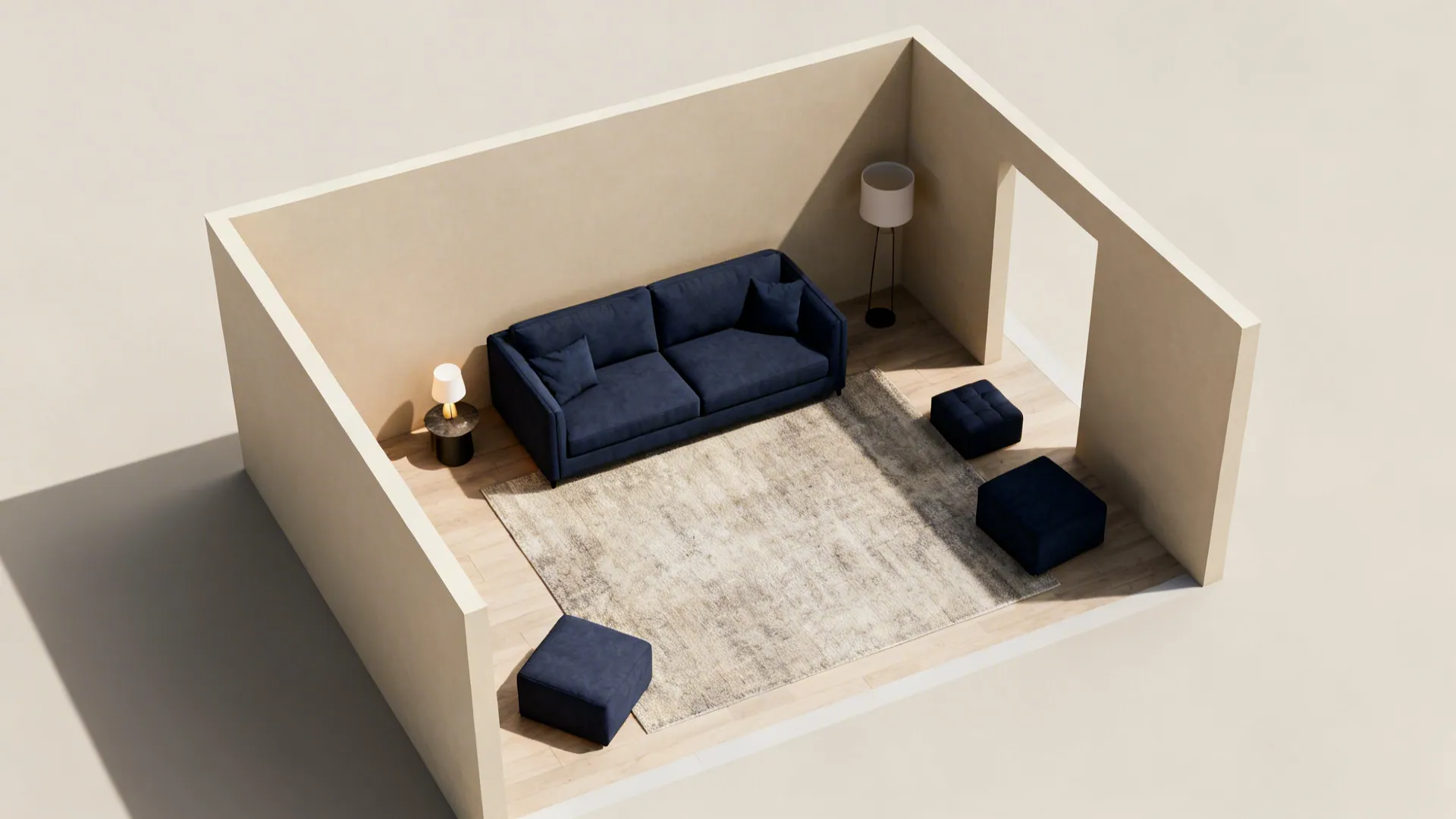 Top-down 3D floor planner view showing navy sofa placement and beige walls in a small living room.