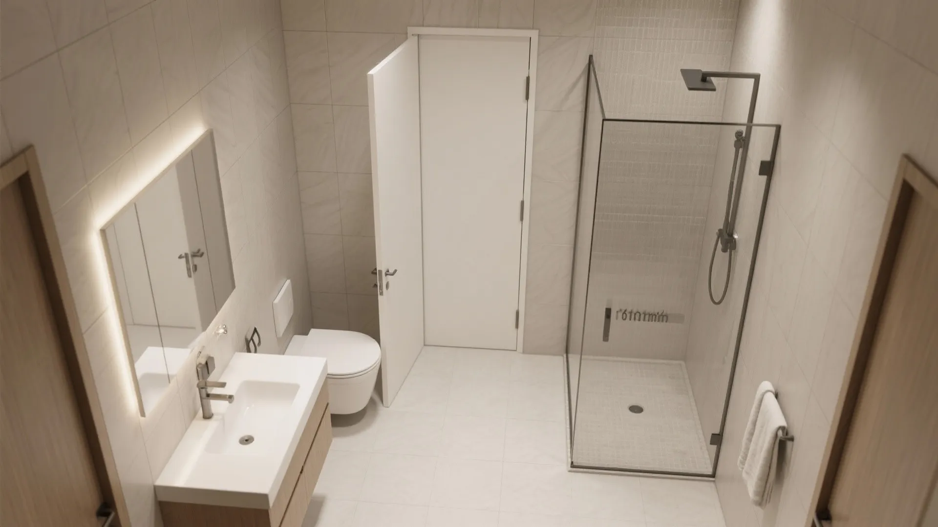 Modern bathroom with white sink wooden cabinet glass shower door white toilet and light tiled walls