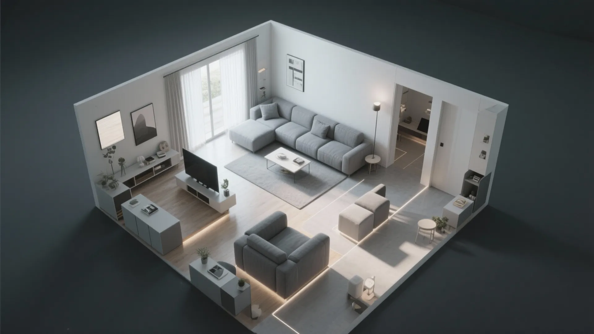 3D interior design drawing showing a modern living room layout with grey sofa and furniture