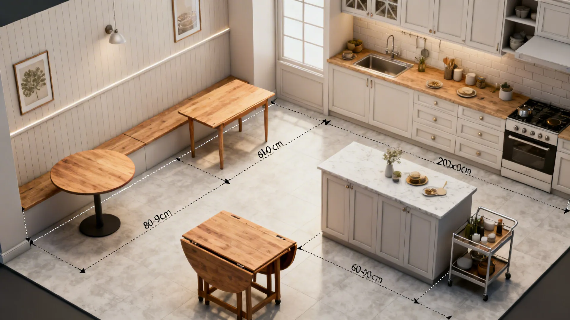 Top-down layout showing different small-kitchen table options and recommended clearances.