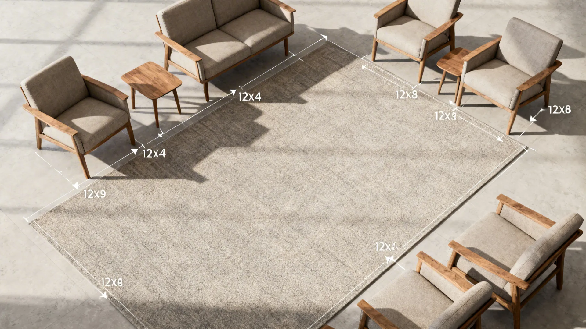 Top-down layouts showing furniture relationships to a 12x14 rug with front-legs-on and full-on options