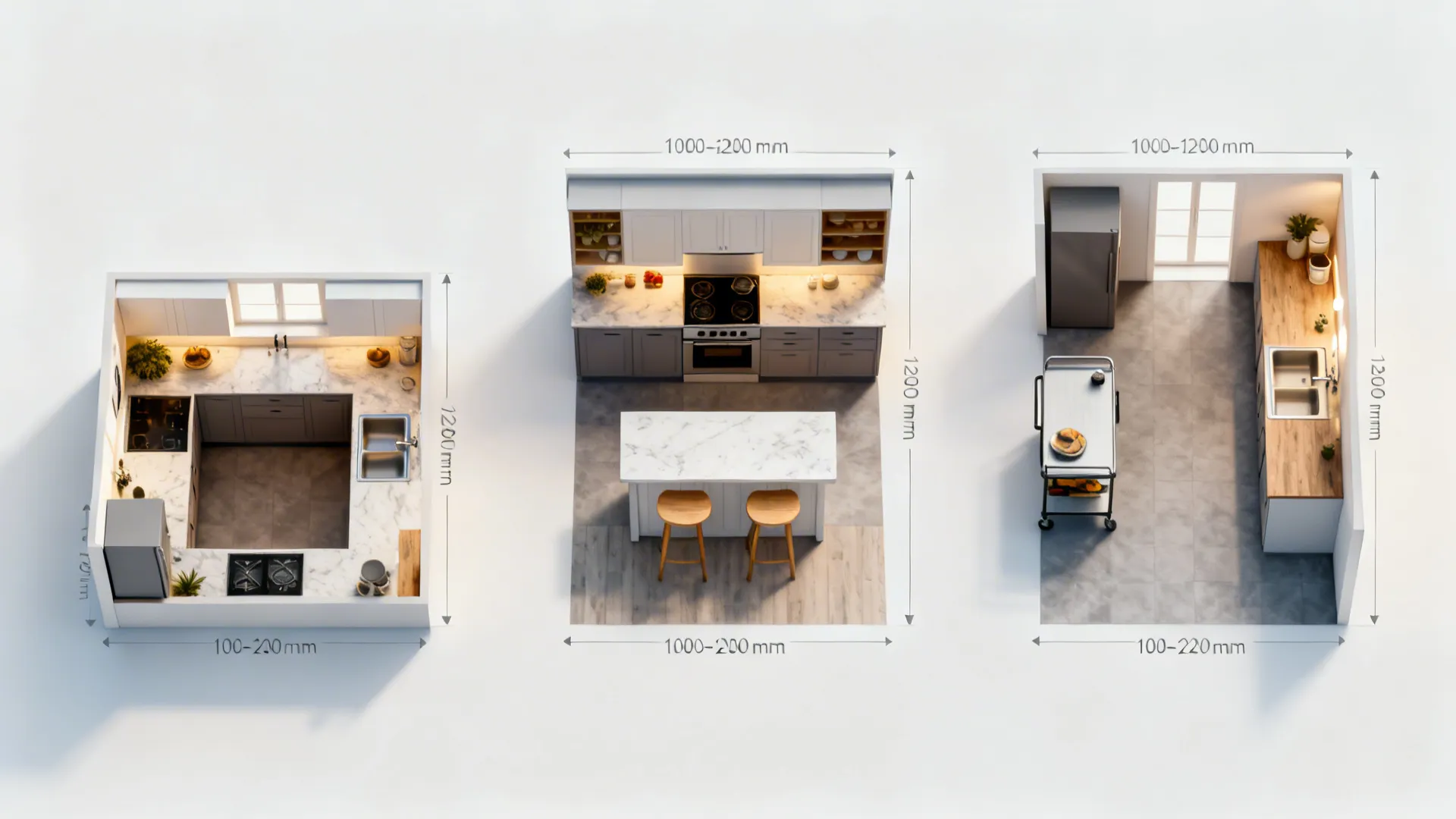 Top-down view comparing L-shape, peninsula, and one-wall with a mobile island.