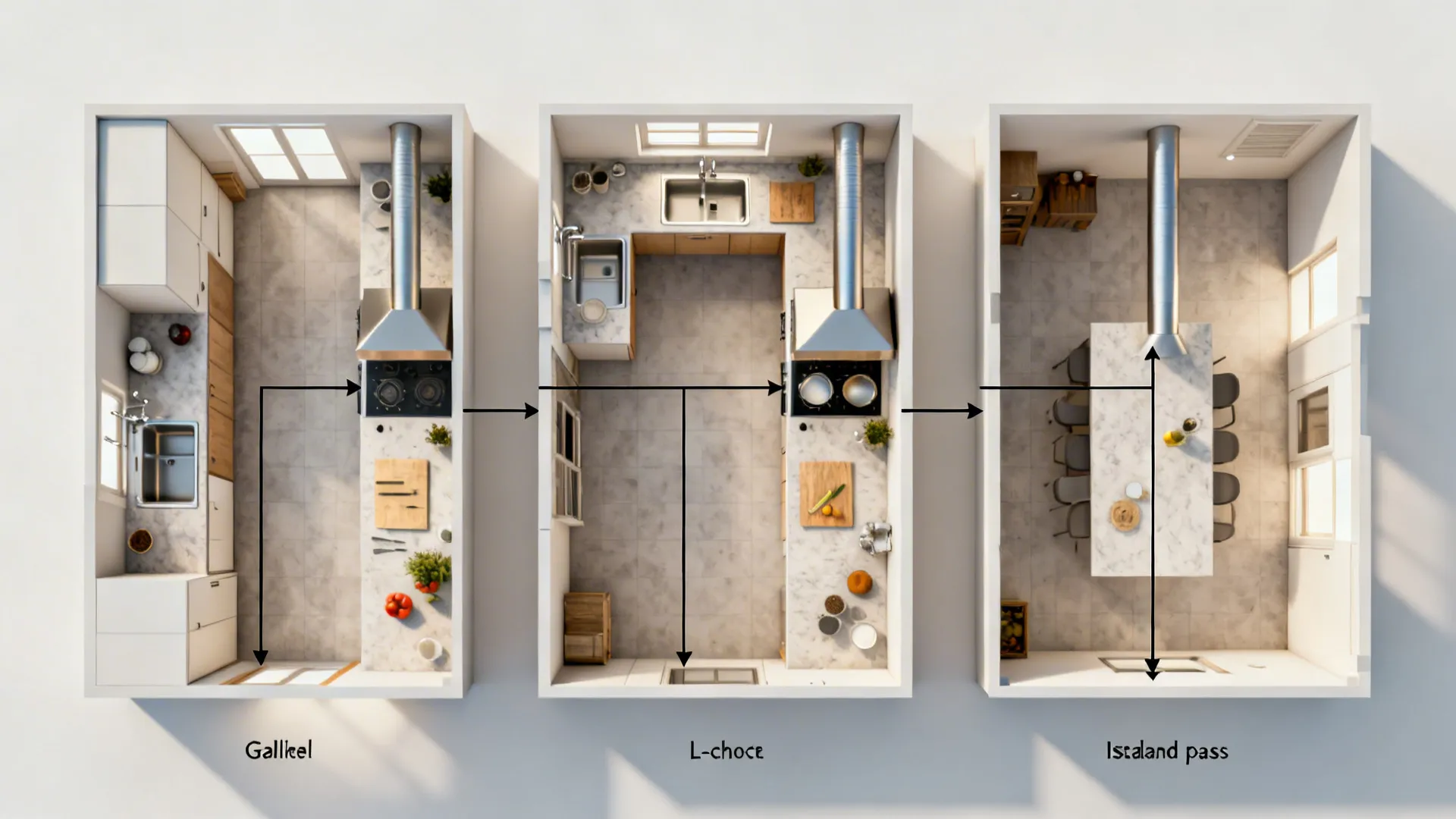 Three compact kitchen layouts—galley, L-shape, island pass—compared top-down.
