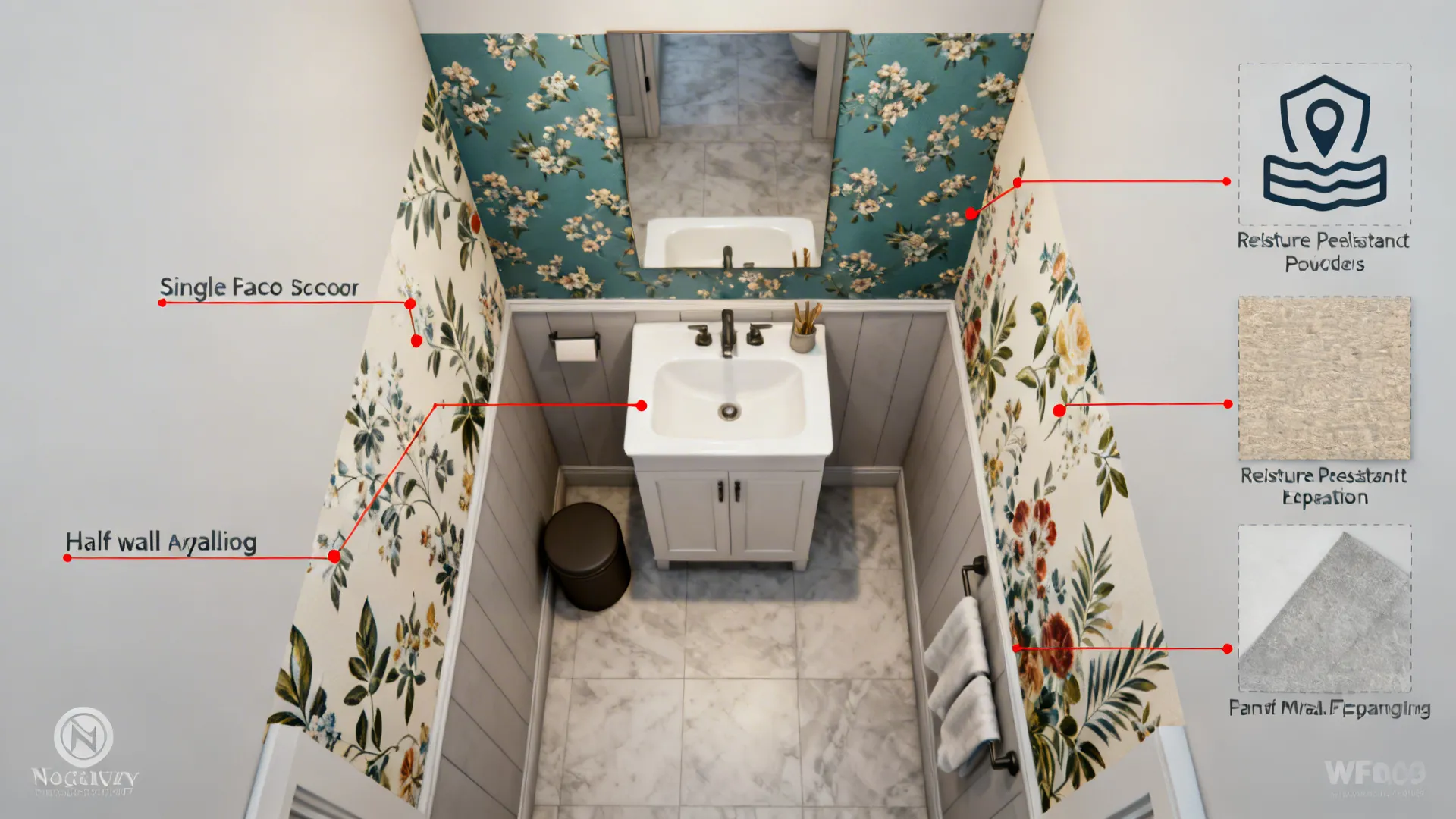 Top-down layout showing wallpaper placement options for a small powder room and moisture-resistant recommendations.