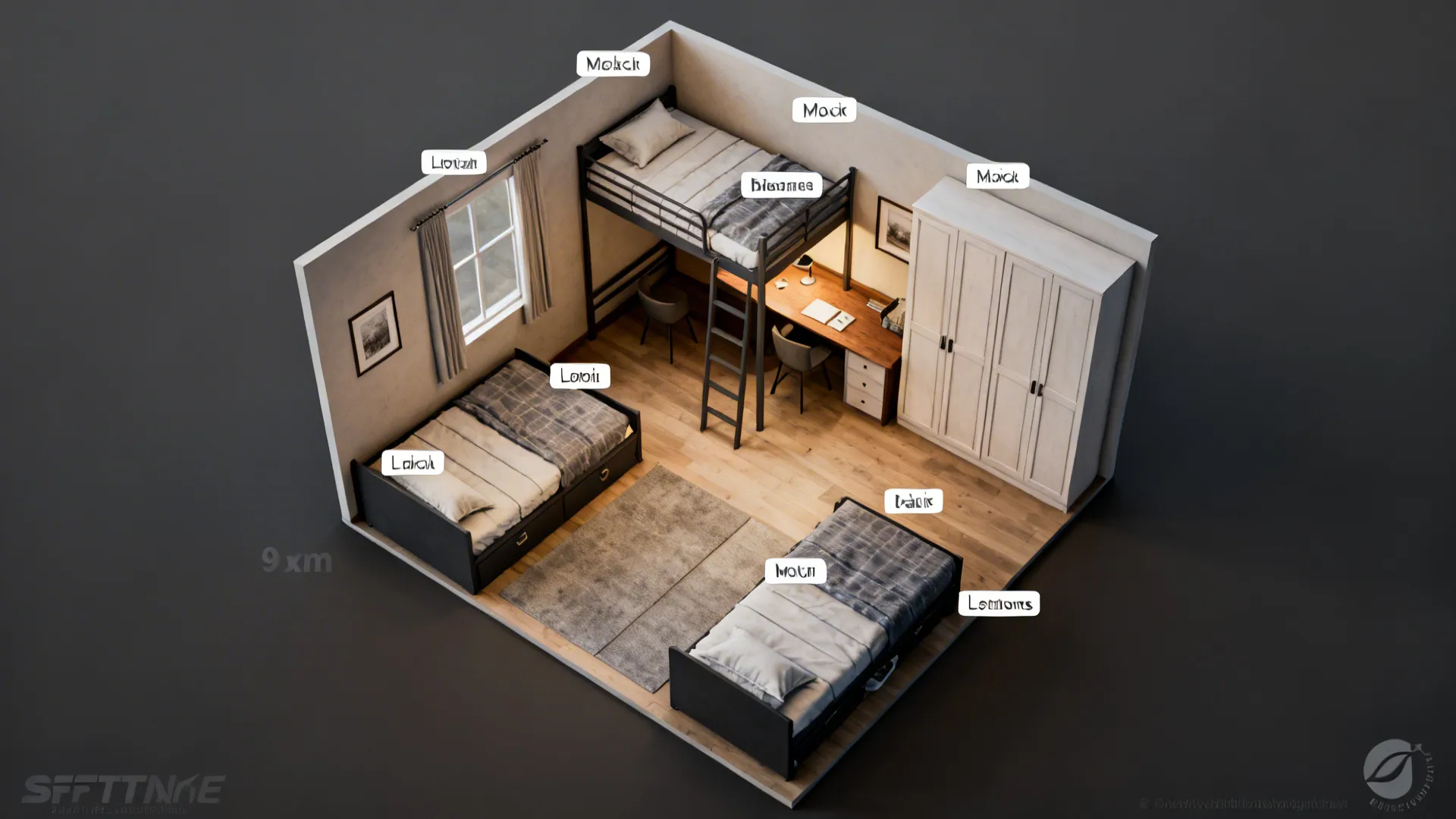 Top-down view of a 9 sqm room showing multiple layout options: bunks, loft, L-shape, Murphy, trundles