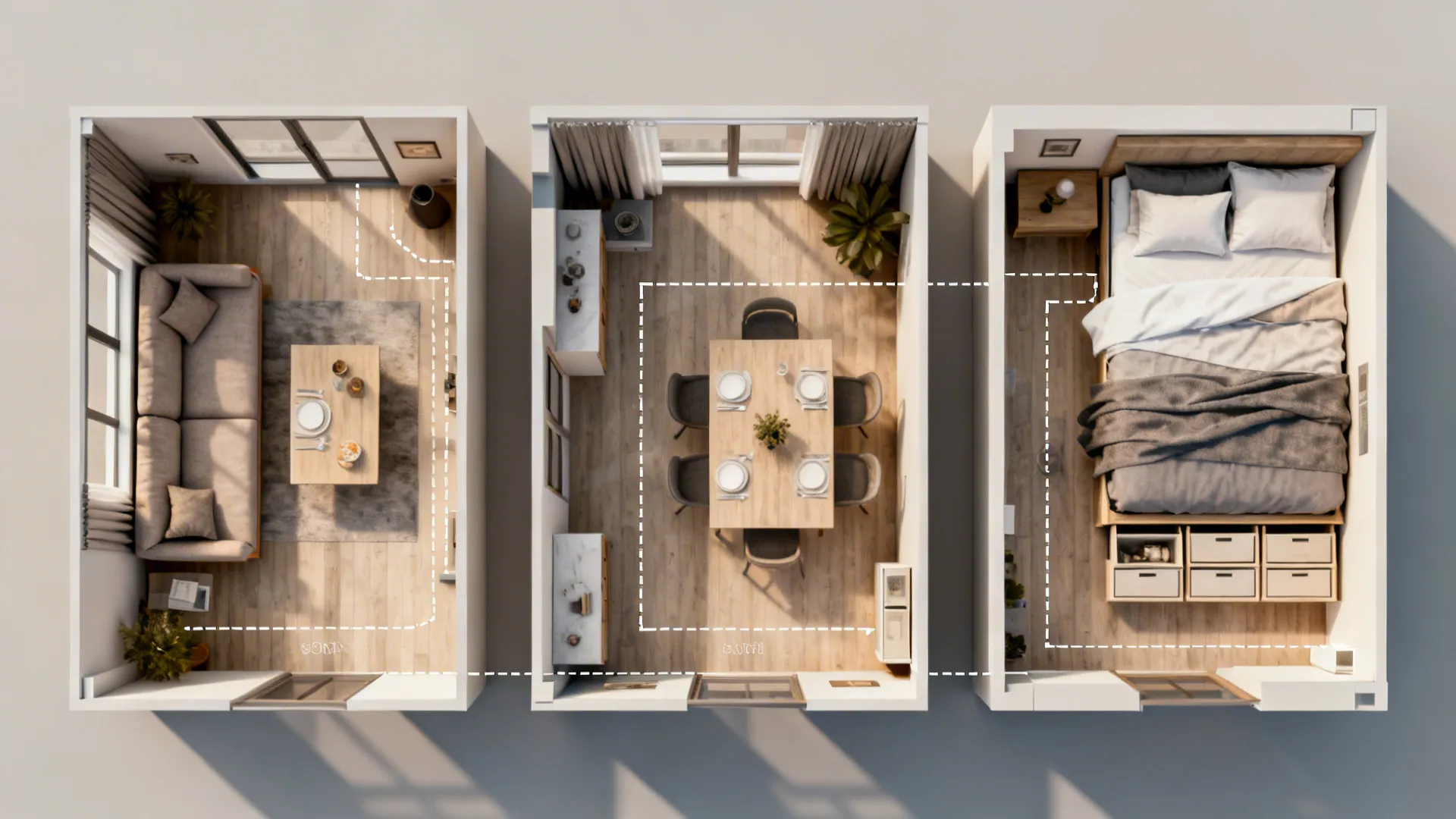 Top-down render of multiple compact layout options showing circulation in a small room