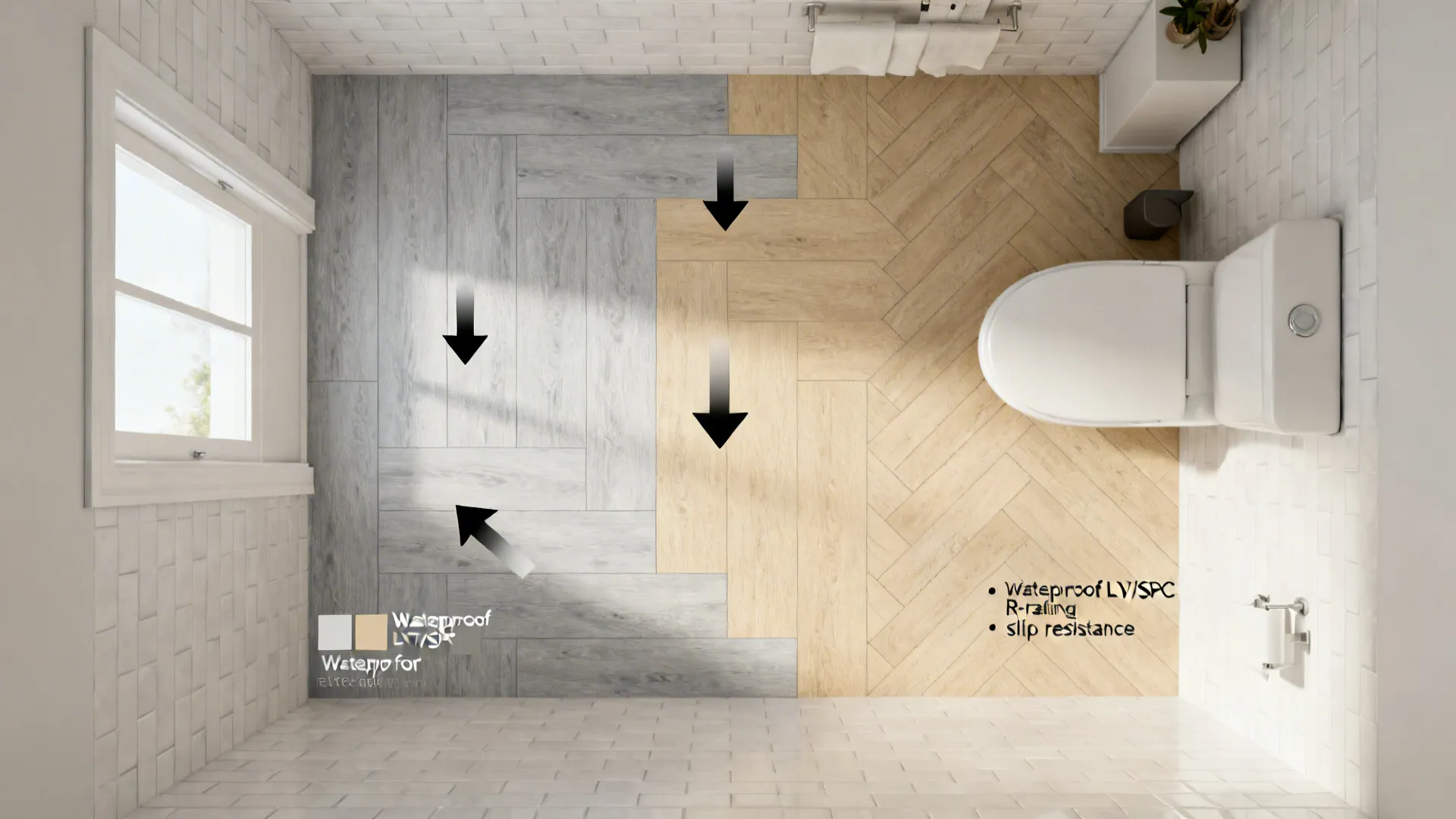 Top-down diagram of vinyl layout options for small bathrooms with swatches and directional arrows