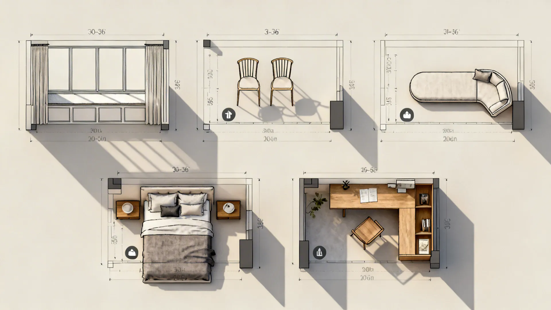 Top-down layout showing five sitting area options and circulation paths in a master bedroom.