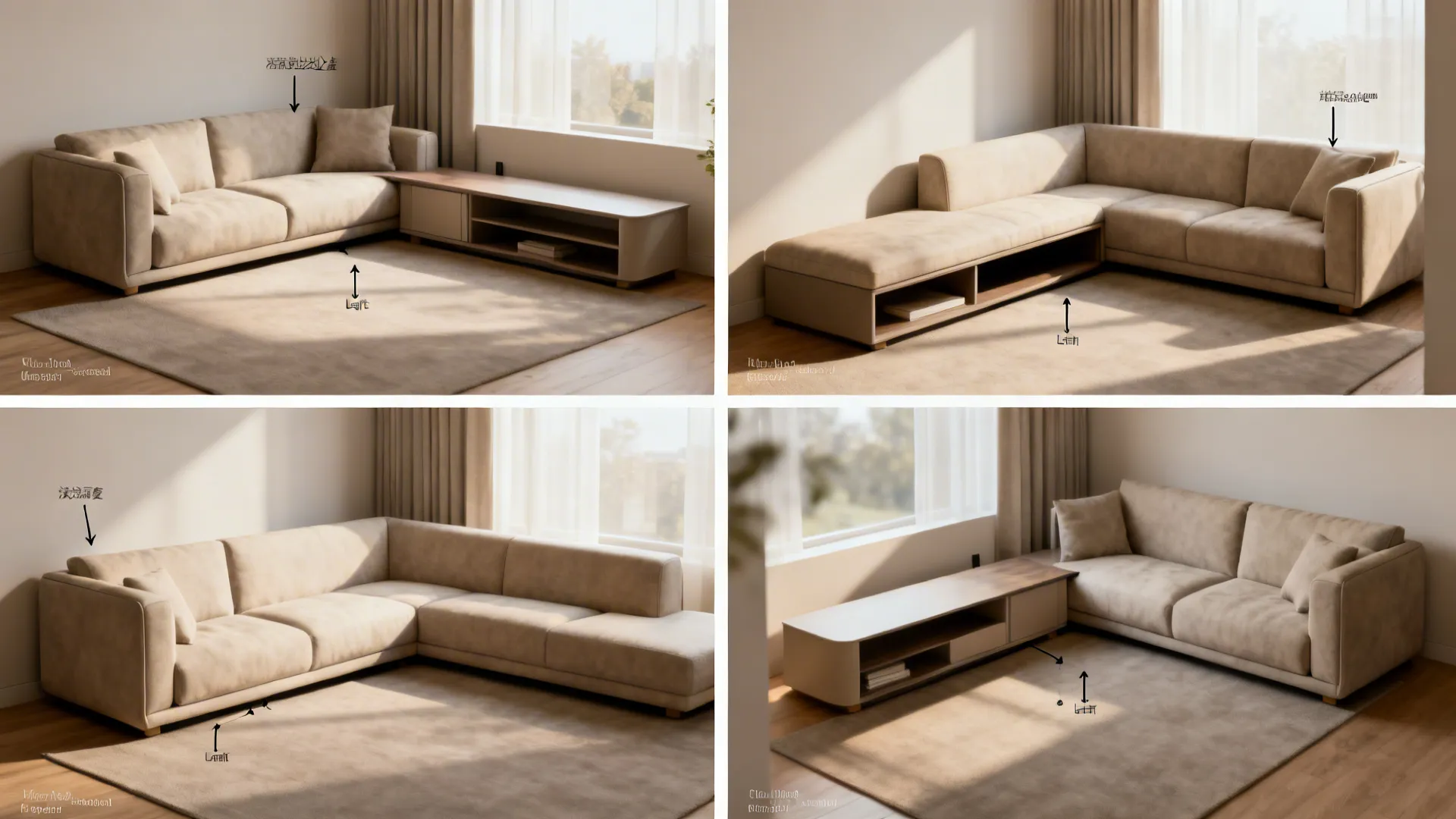 Collage of compact L-shaped sofa orientations demonstrating chaise left, chaise right and storage options