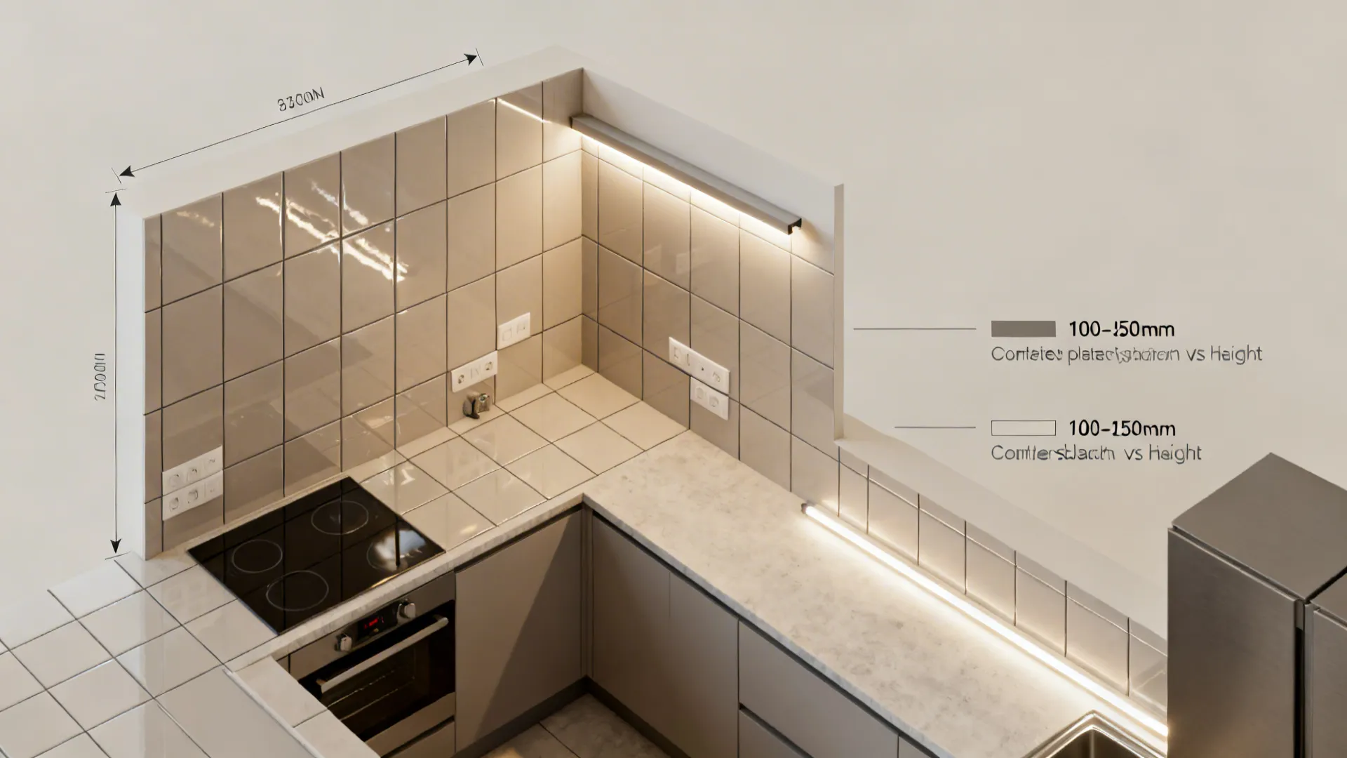 Top-down elevation showing grout-aligned outlets and backsplash height options.