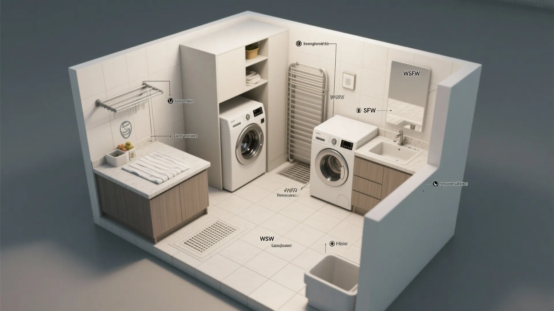 Interior design drawing of a laundry room showing washing machines sink cabinet and floor layout