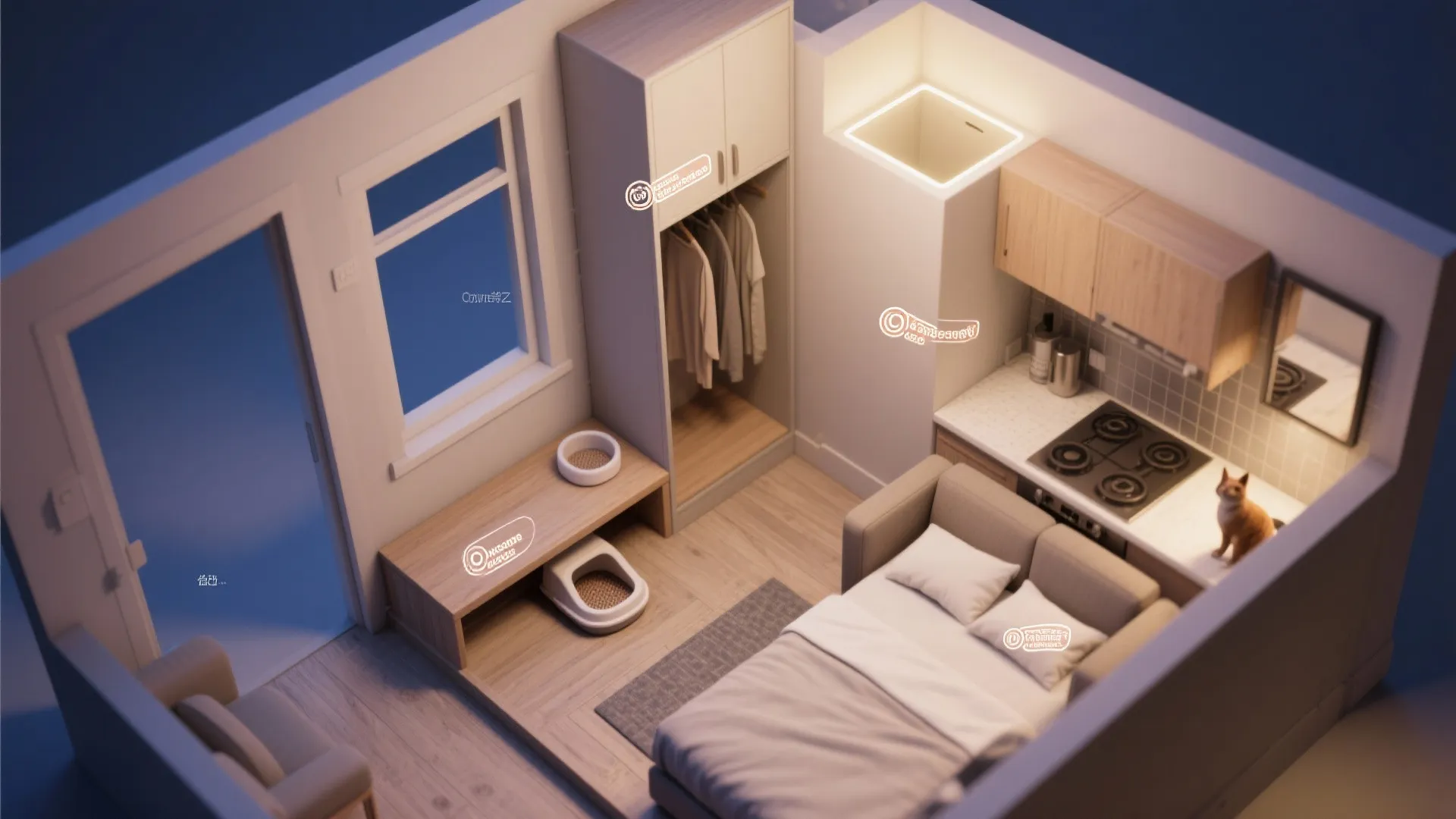 Interior design drawing of a small studio apartment showing kitchen bed sofa and floor area