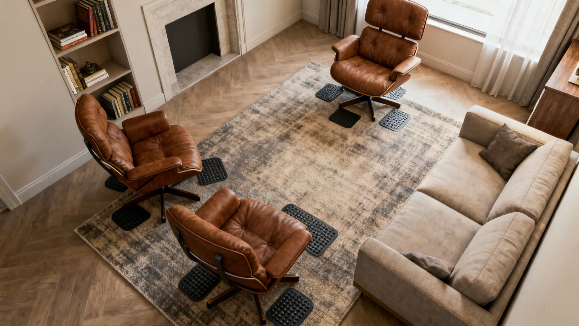Top-down layout showing brown swivel chair placement options in a small living room