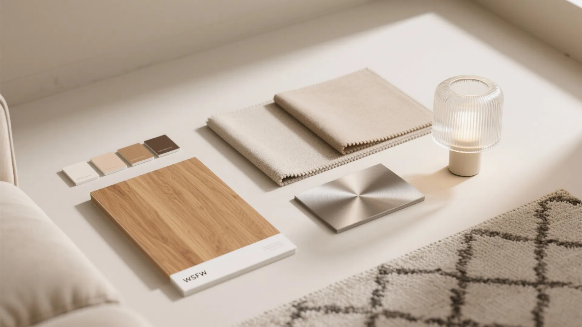 Flatlay of neutral paint chips, warm wood, mid-tone fabric, rug, and metal finishes for a small living room.