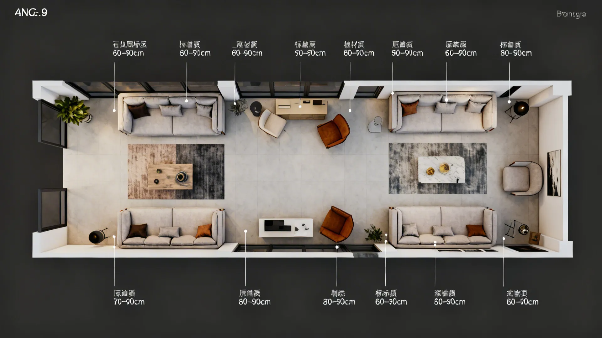 Top-down floorplan-styled visualization showing zones and 80–90cm circulation paths in a long living room.