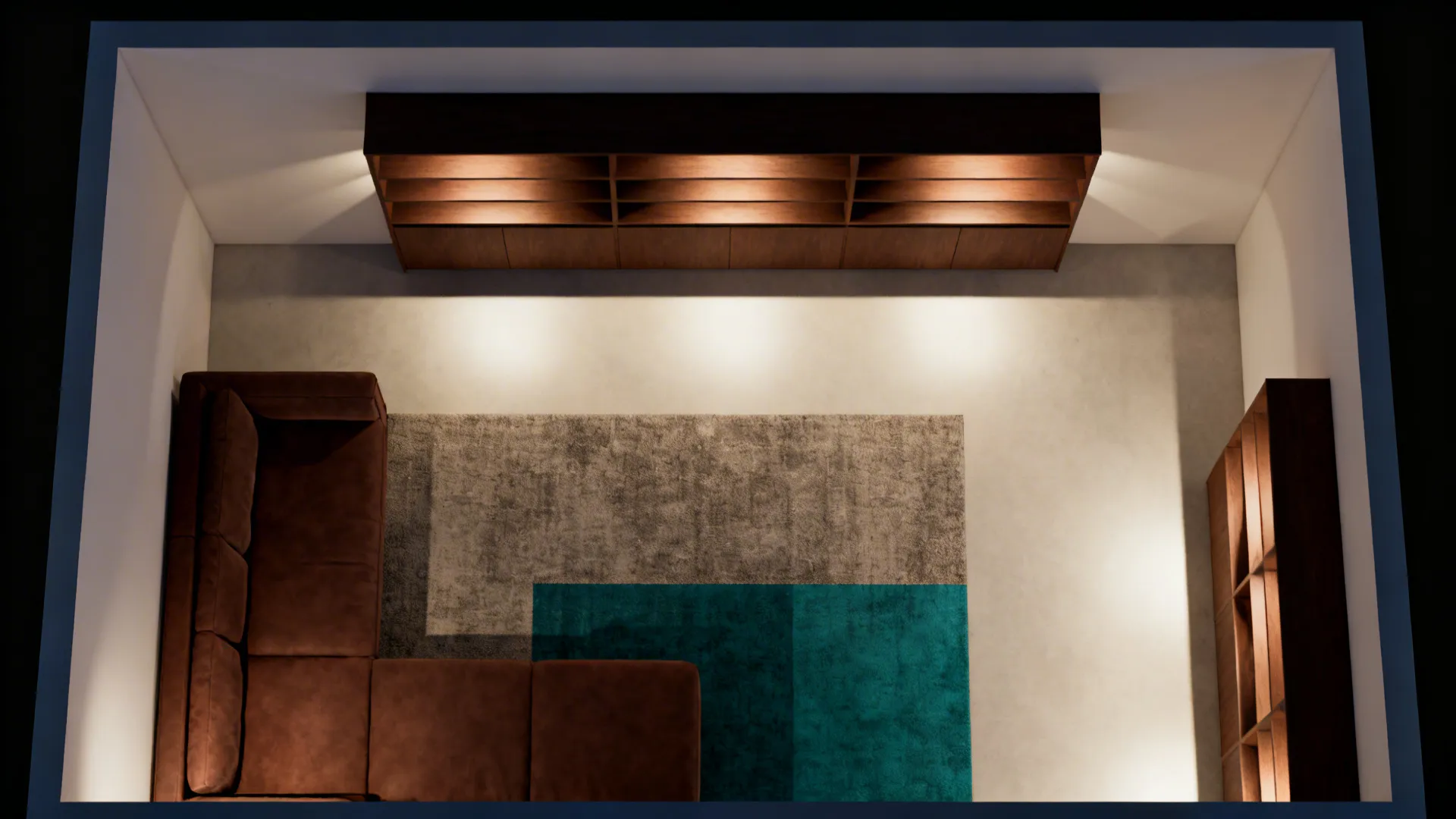 Interior design drawing top view of room with brown sofa rug and wooden wall cabinets