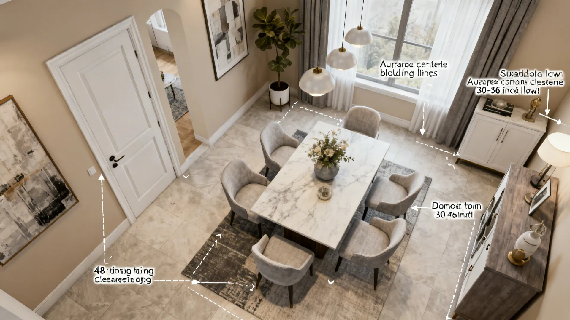 Top-down dining layout visuals showing door swings, centerpiece height, rug size, pendant height, and sideboard clearance.