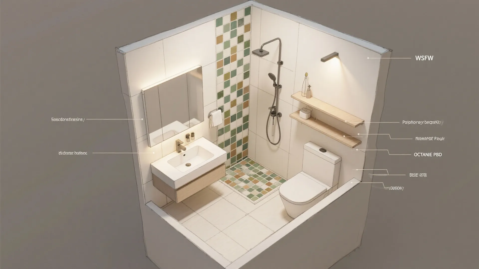 Small bathroom 3D interior design drawing with shower sink toilet wall lights and wood shelves