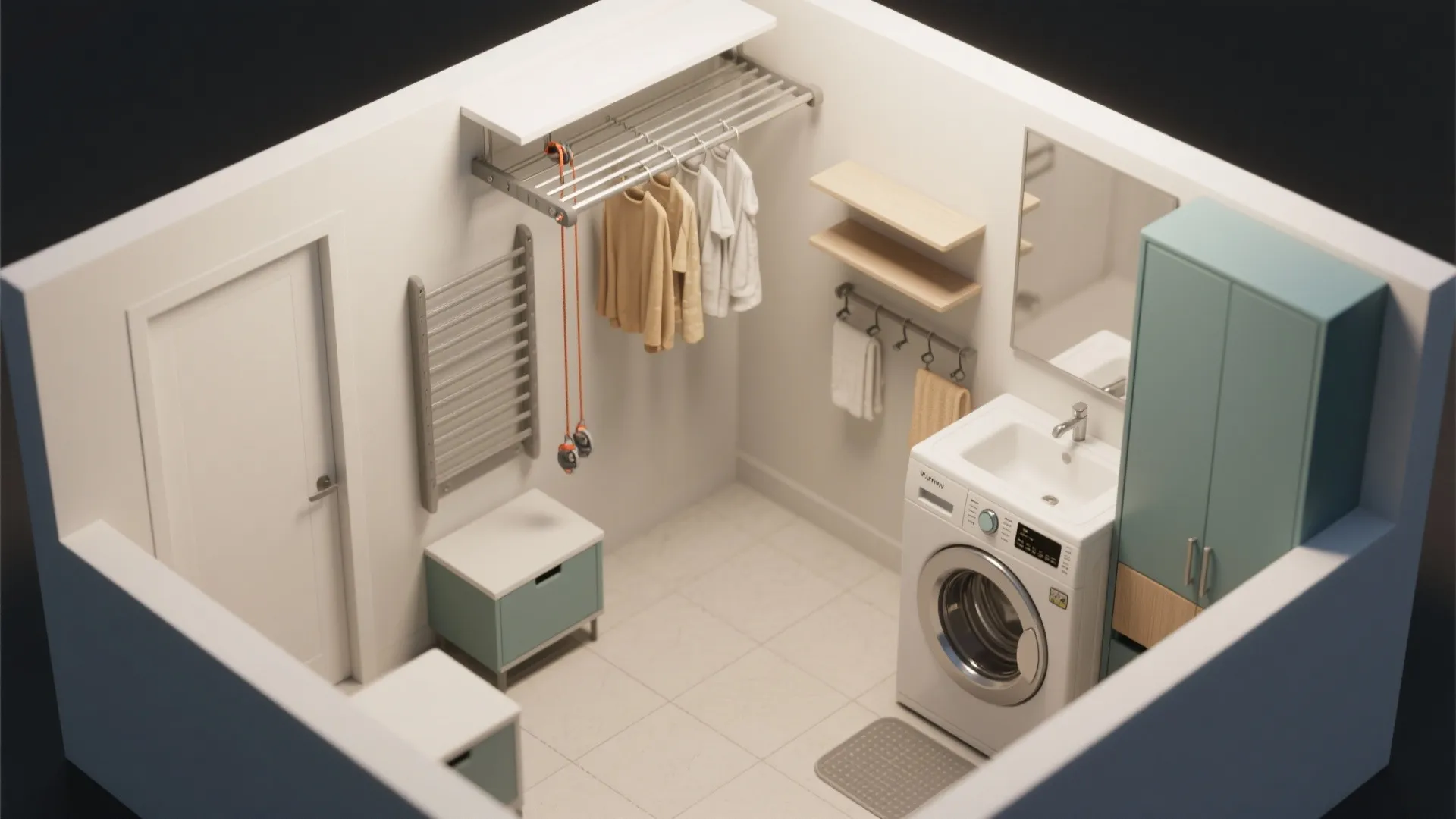 Laundry room interior design drawing featuring washing machine sink teal cabinet and a hanging clothes