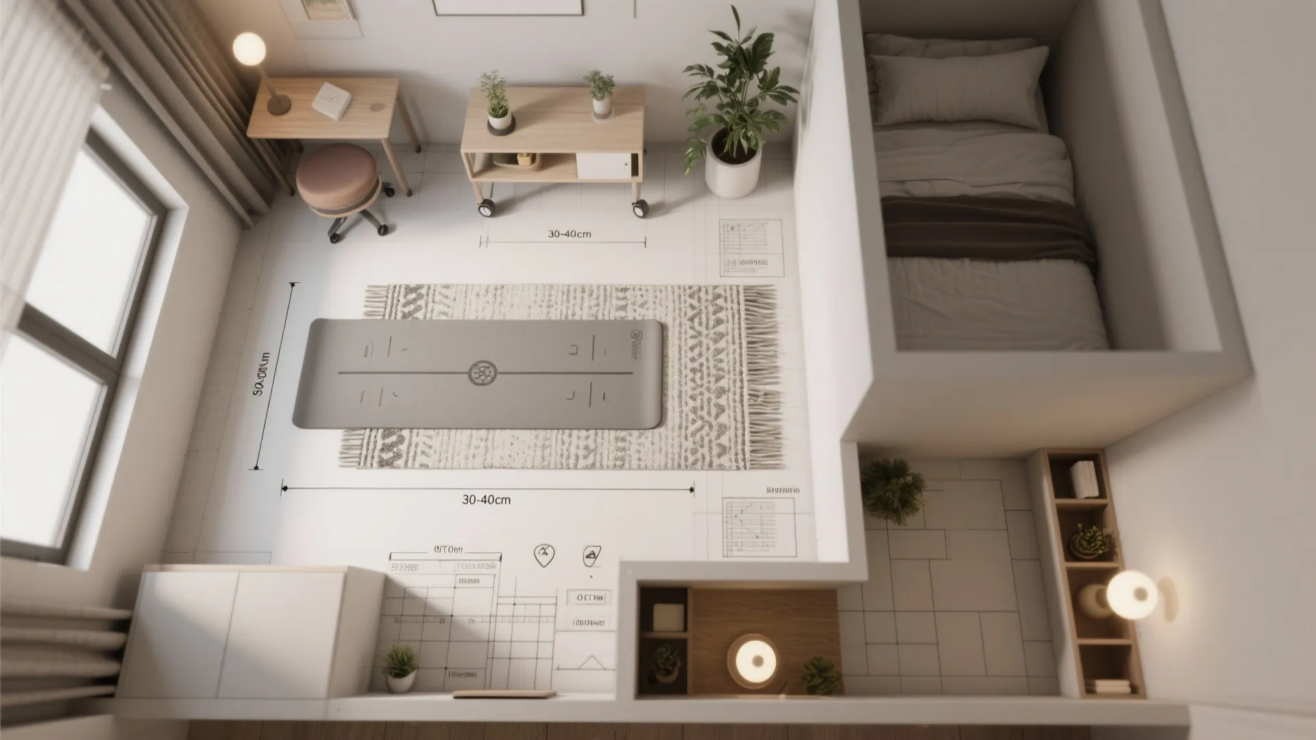 Top view interior design drawing of a studio apartment with furniture measurements and room layout