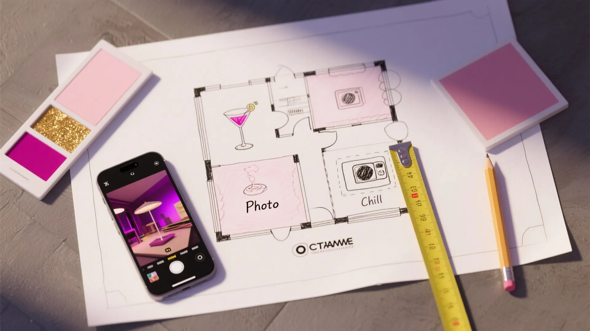 Hand drawn room layout on white paper with a smartphone measuring tape pencil and color samples