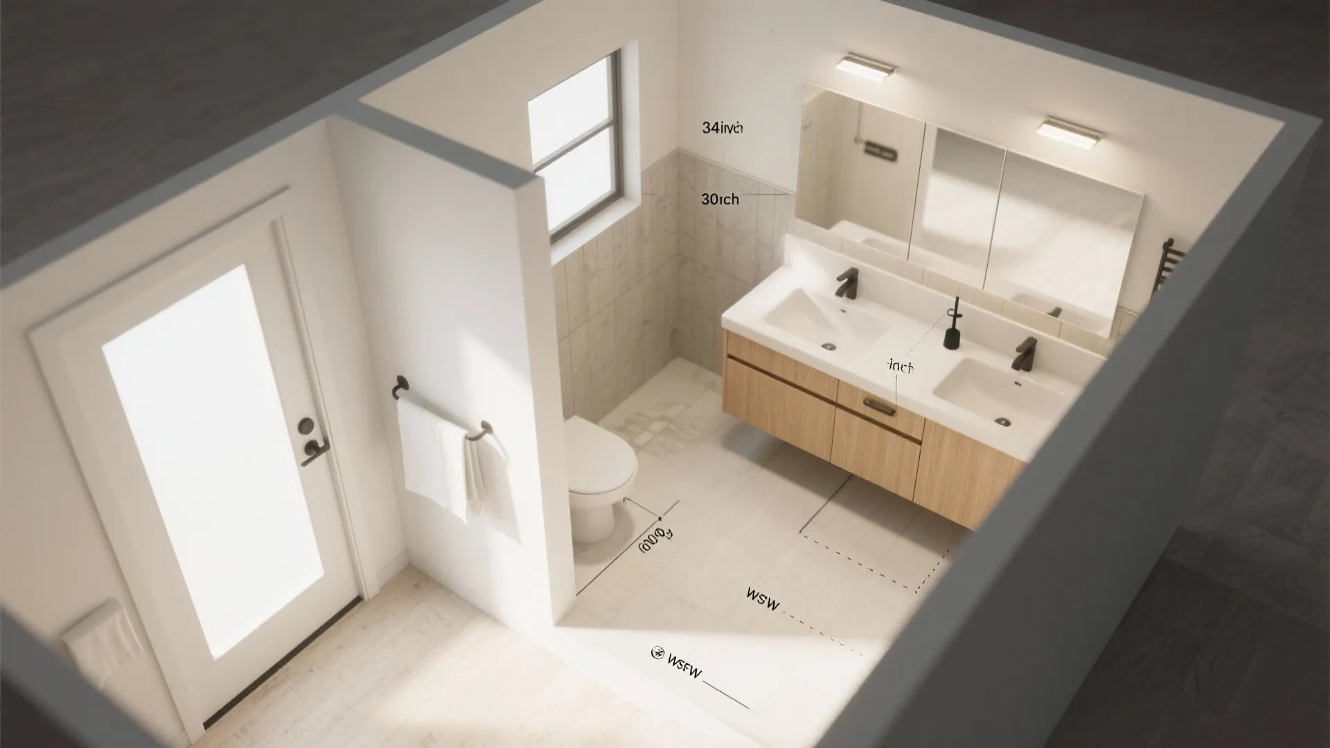 Bathroom interior design drawing showing a toilet double sink cabinet mirror and wall light fixtures