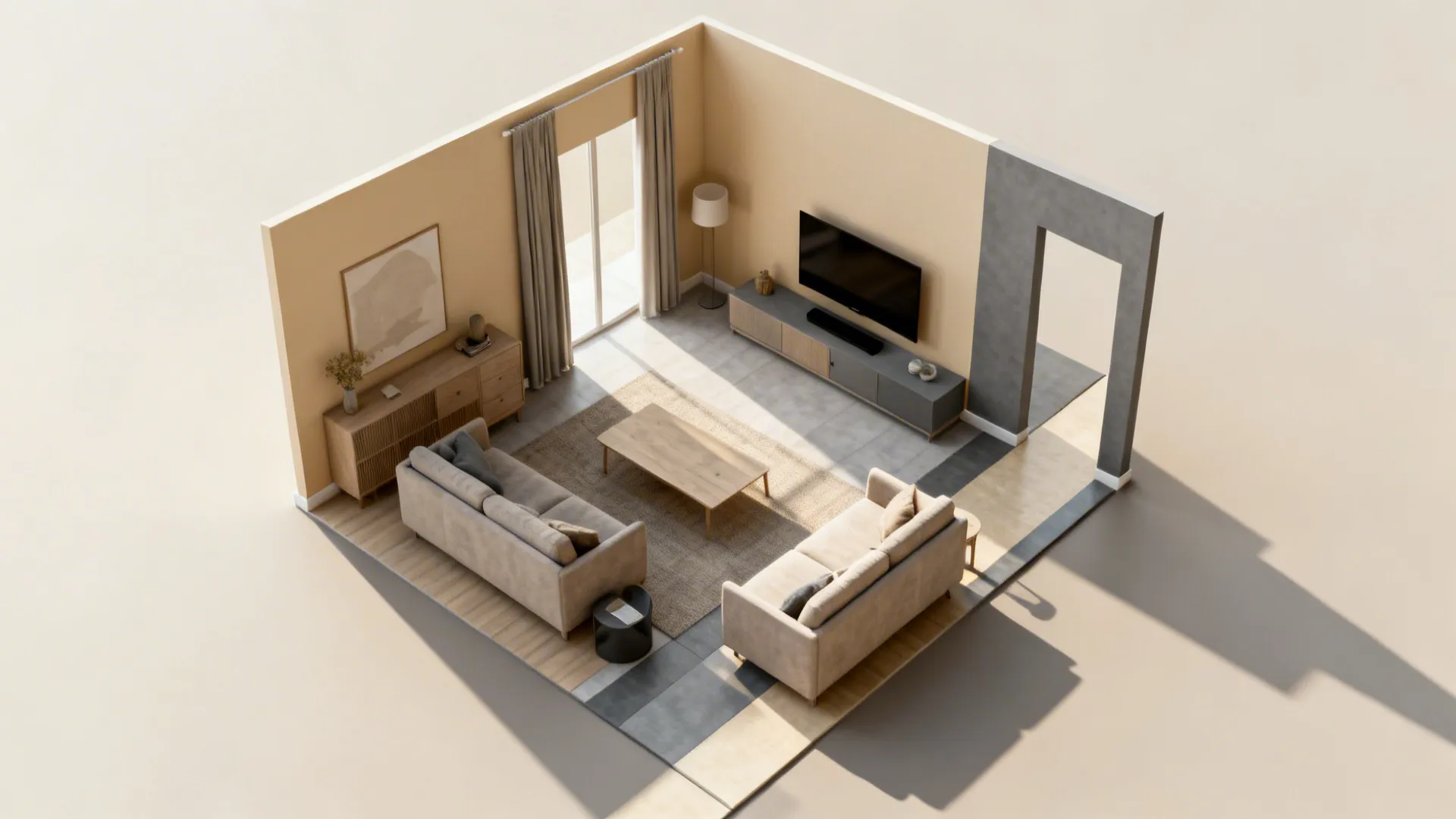 Living room interior design drawing showing two sofas coffee table television cabinet and floor lamp