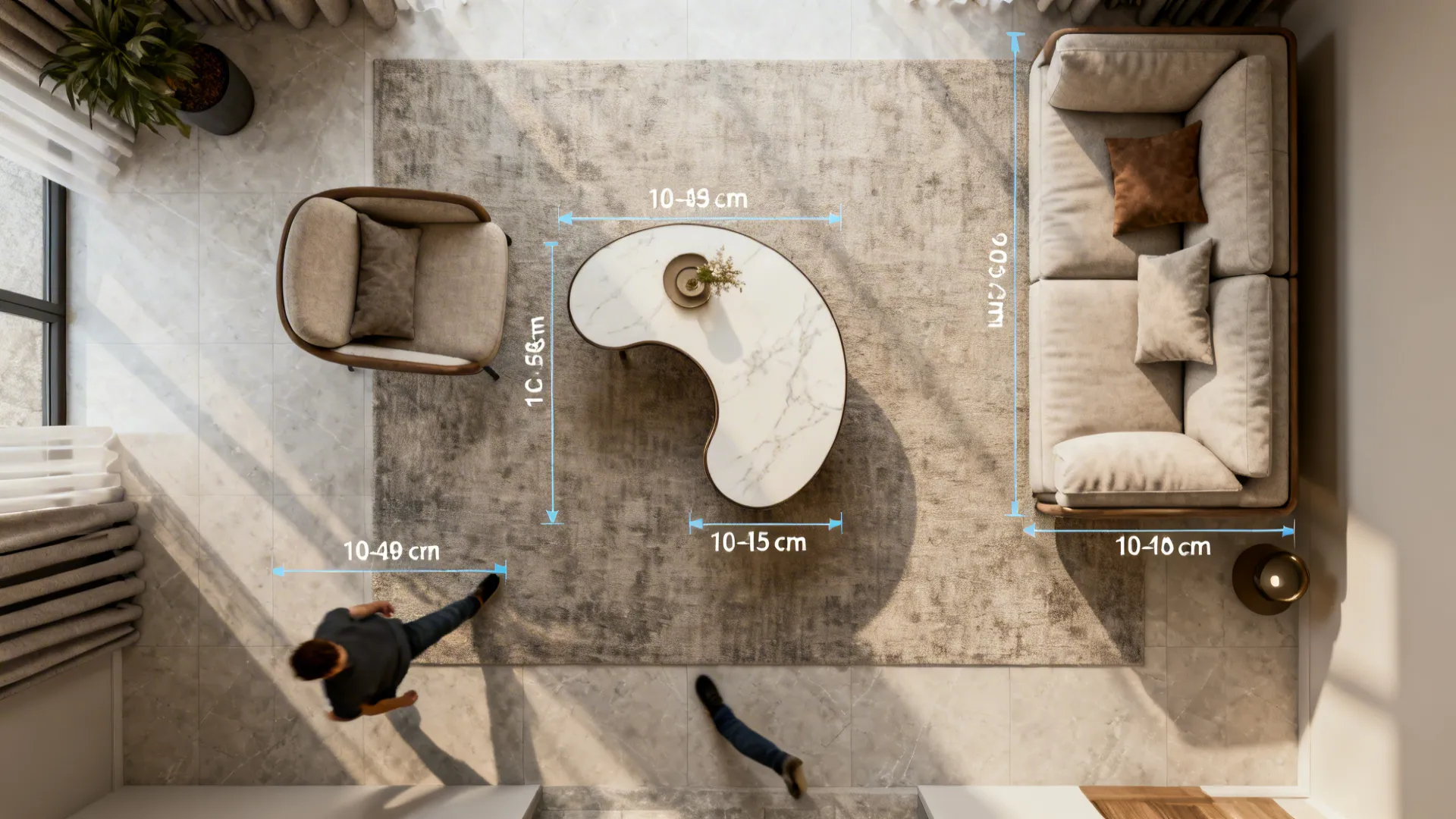 Overhead layout showing placement options for C-tables with spacing guidance in a small living room.