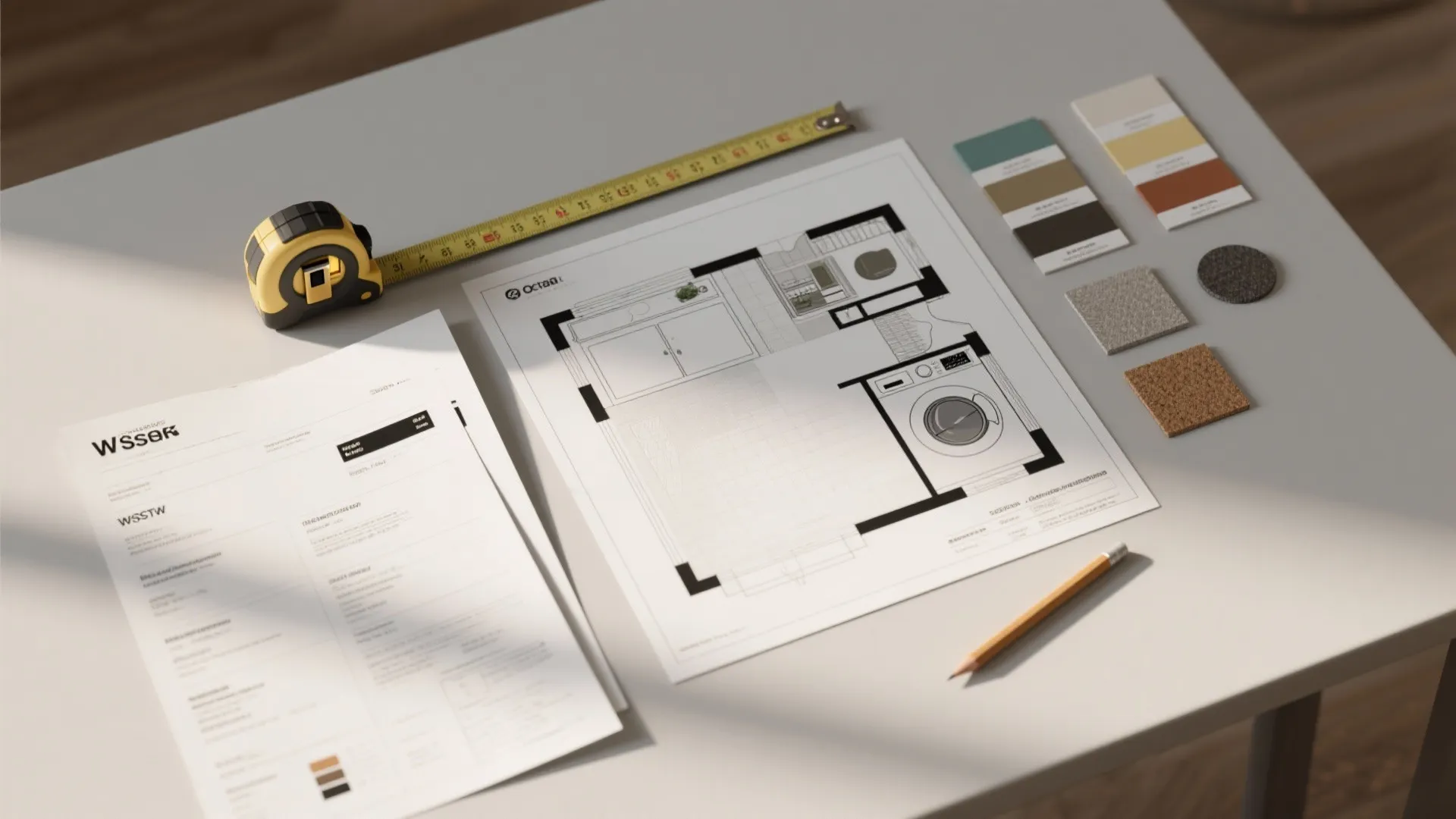 Top-down flatlay of a compact laundry floor plan, tape measure, appliance spec sheets and material swatches.