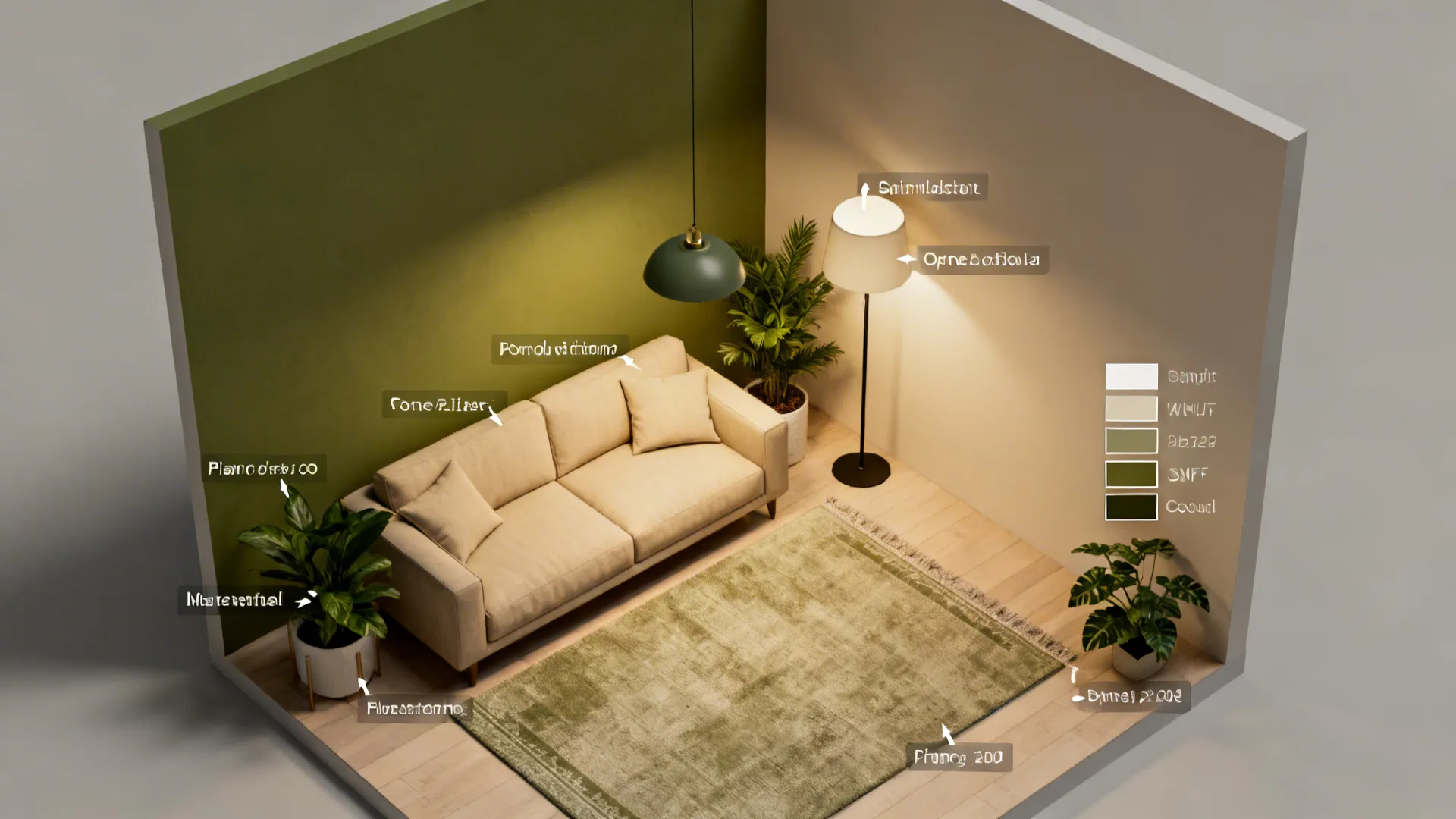 Top-down room layout plan showing olive accent wall, beige sofa, plant and lighting placement.