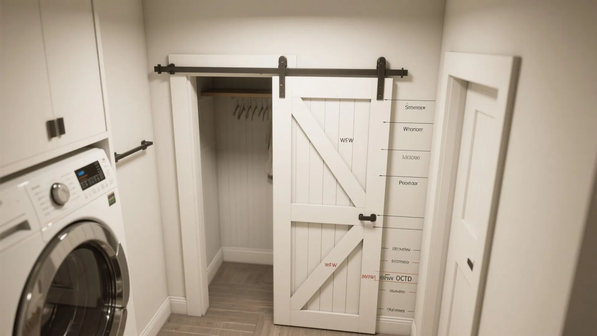White sliding barn door in laundry room next to washing machine with dimension lines shown clearly
